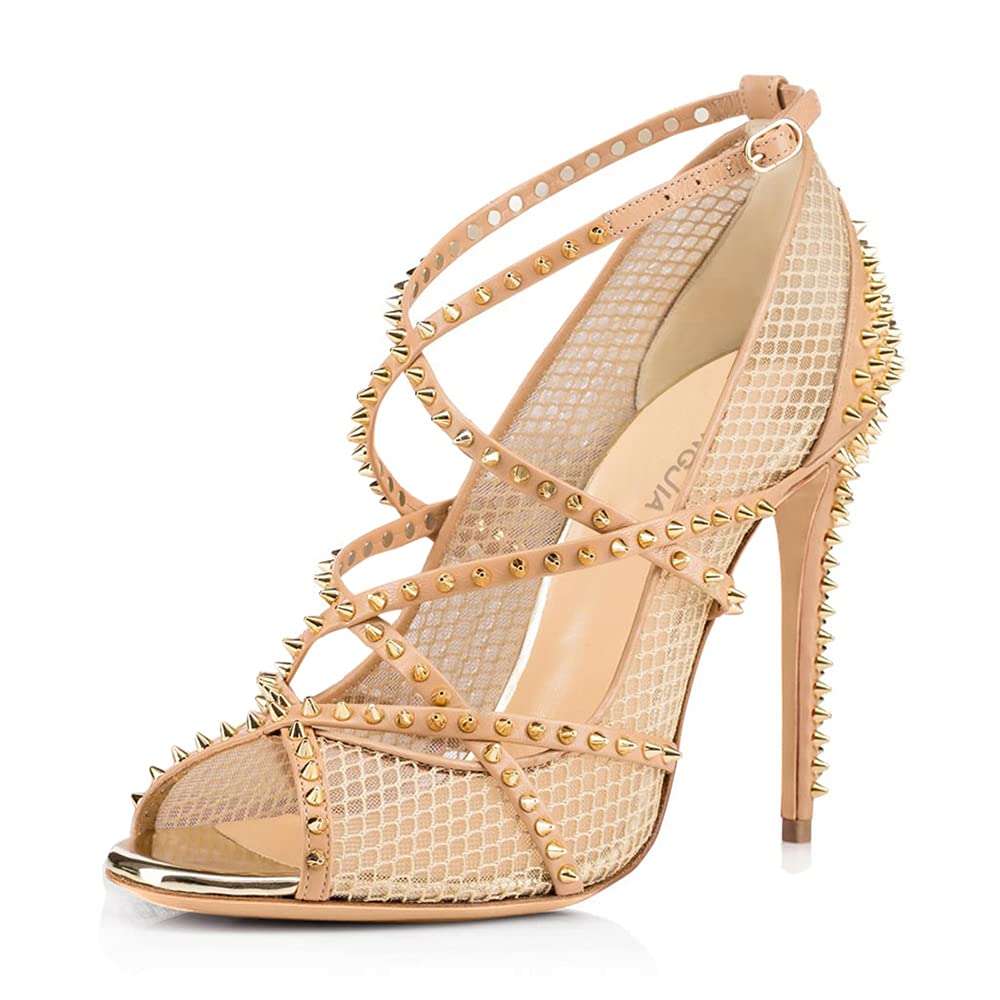 Sexy Black Fishnet High Heel Stud Sandals - Open Toe Stiletto Dress Pumps for Men & Women (UK 9.5, Nude) | Perfect for Crossdressing, Drag Shows, Night Parties & Club Events