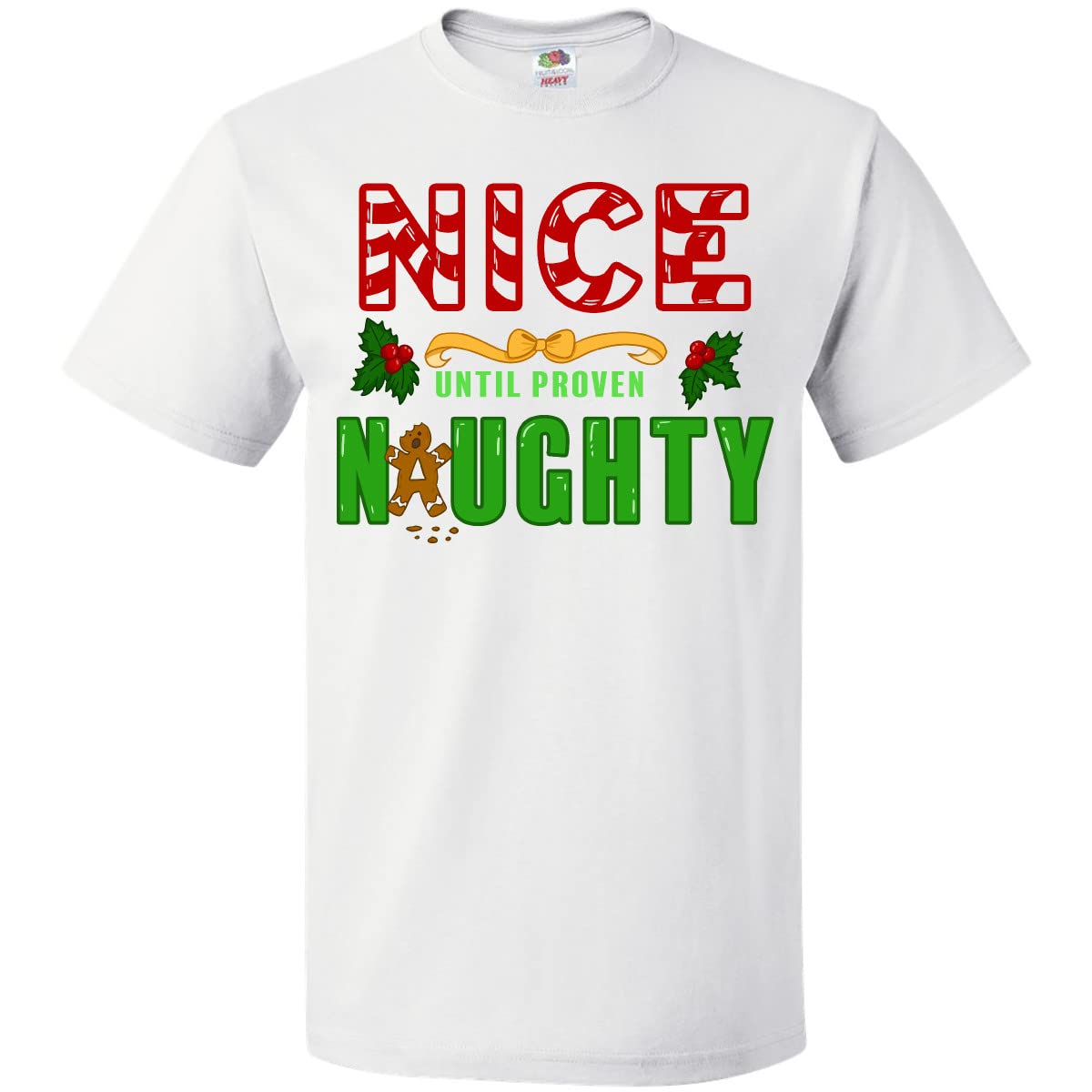 Inktastic Nice Until Proven Naughty with Holly and Gingerbread Man Adult T-Shirt - Funny Christmas Holiday Graphic Tee for Men & Women - Perfect for Parties, Gifts & Festive Outfits