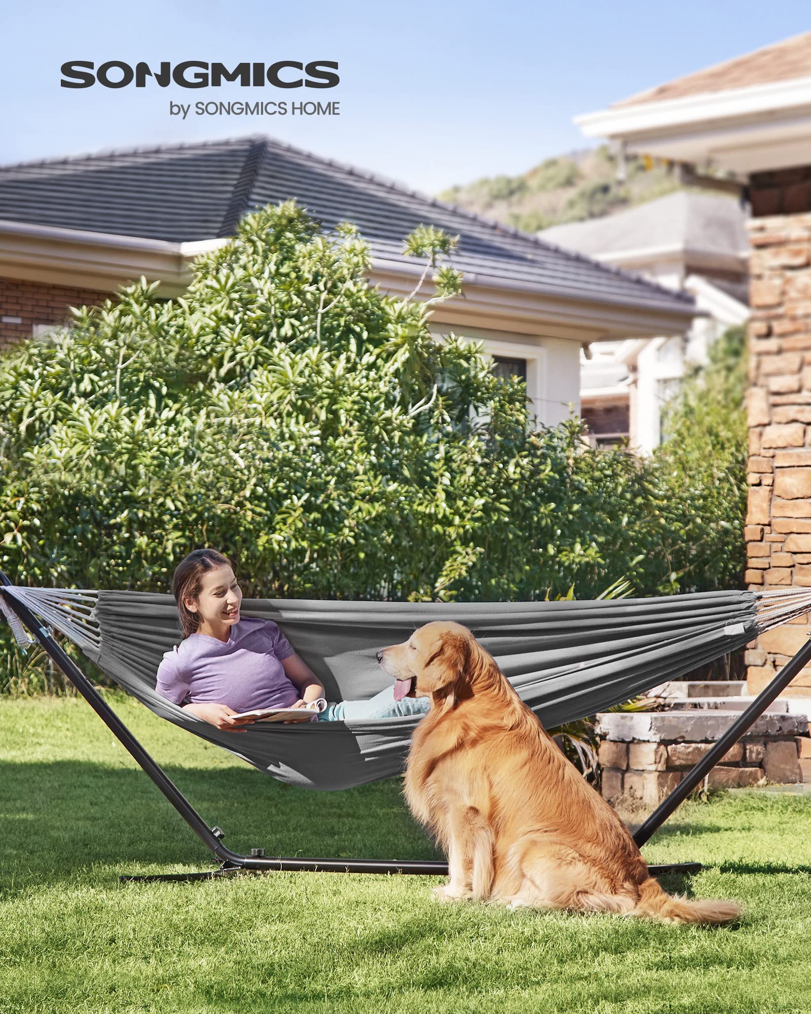 SONGMICS Double Hammock with Stand - 82.7 x 59.1 Inches Heavy Duty 529 lb Capacity Portable Hammock for Outdoor Camping, Backyard, Garden, Patio, Beach - Black & Gray UGHS001G01 | Perfect for Relaxation, Lounging and Summer Vacation Getaways