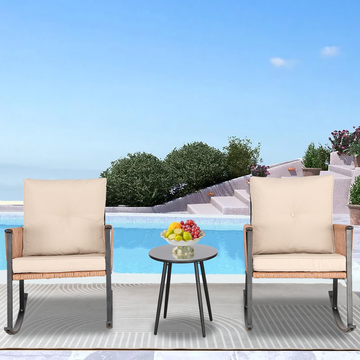 3-Piece Oversized Rattan Rocking Bistro Set with Thick Cushions & Coffee Table - Outdoor Patio Furniture for Balcony, Garden, Poolside (Tan-Beige) | Perfect for Relaxing, Entertaining & Enjoying Summer Evenings