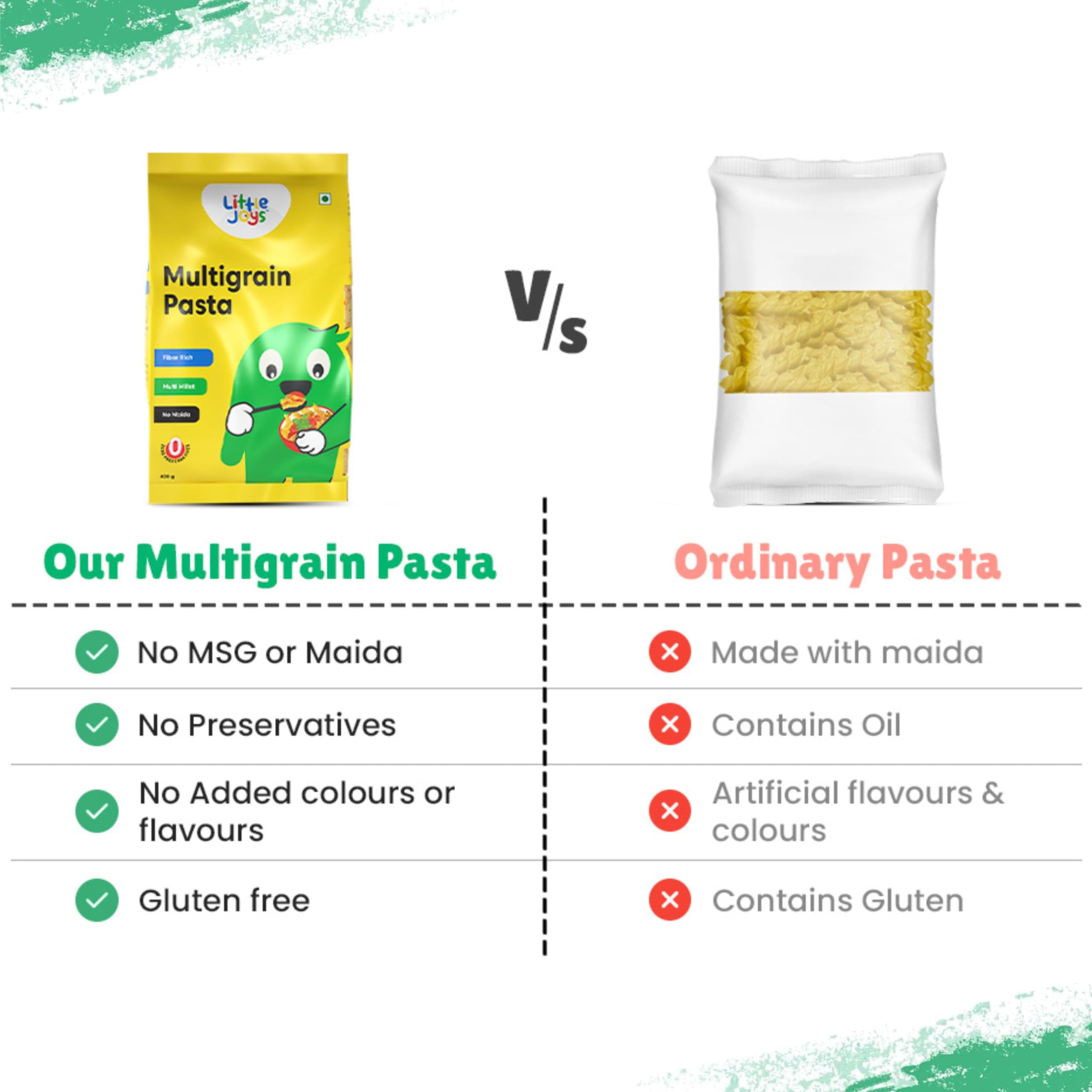 Little Joys No Maida Multigrain Fusilli Pasta | Zero Trans Fat & 100% Multi Millet | Healthy Pasta with Moong, Jowar, Wheat & Bajra | High in Fiber, Vitamin B & Protein | 400g | Perfect for Vegan, Gluten-Free & Weight Loss Diets | Great for Pasta Salads, Soups & Healthy Family Meals