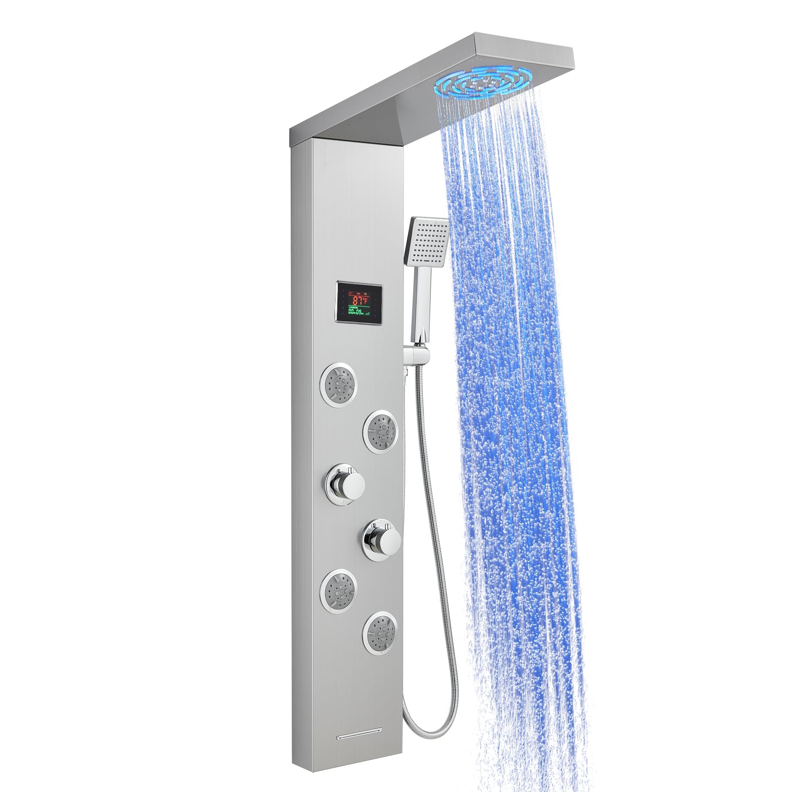 Stainless Steel Shower Panel System with LED Lights - Rainfall, Mist, Body Jets, Handheld & Tub Spout | No Battery Needed, Temperature Display | Perfect for Luxury Bathroom & Spa Experience | 304 Brushed Finish