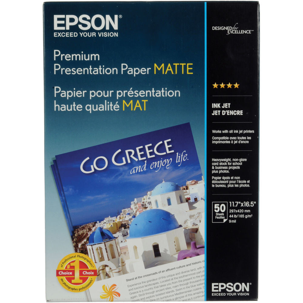 Epson Premium Presentation Matte Paper A3 11.7x16.5 Inches (50 Sheets) - High-Quality Photo Paper for Professional Prints, Presentations, and Art Projects