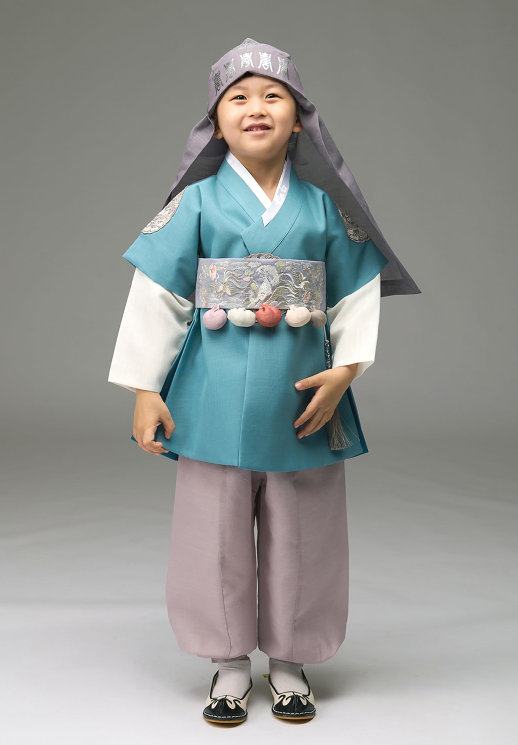Traditional Korean Hanbok Baby Boy Outfit - Turquoise Kings Design Clothing Set for 100 Days to 8 Years Old | DDB005 | Perfect for First Birthday, Doljanchi, Korean Cultural Events & Photo Shoots