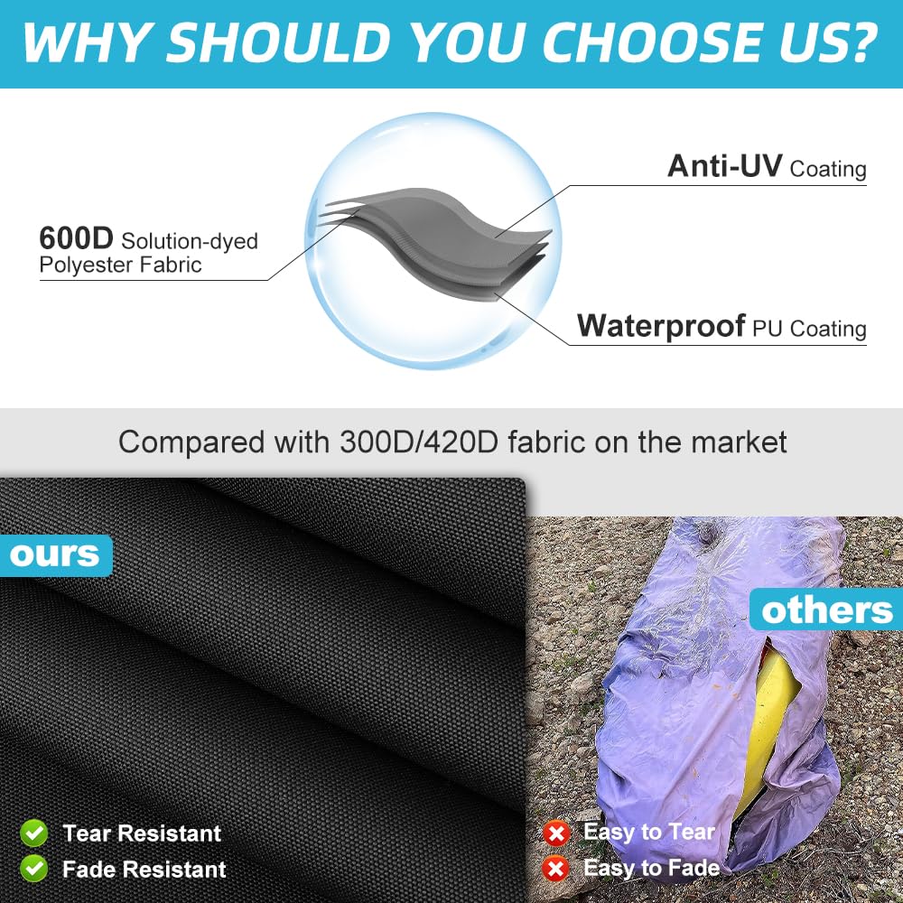 600D Heavy Duty Waterproof & UV-Resistant Kayak Cover - Fade & Tear Proof Canoe Cover with Waterproof Zipper for Indoor/Outdoor Storage - Perfect for Trailering, Boat Storage & All-Weather Protection