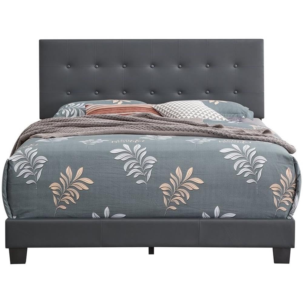 Glory Furniture Caldwell Faux Leather Upholstered Queen Size Bed Frame - Gray Modern Platform Bed for Master Bedroom | Durable Faux Leather Headboard with Wooden Slat Support