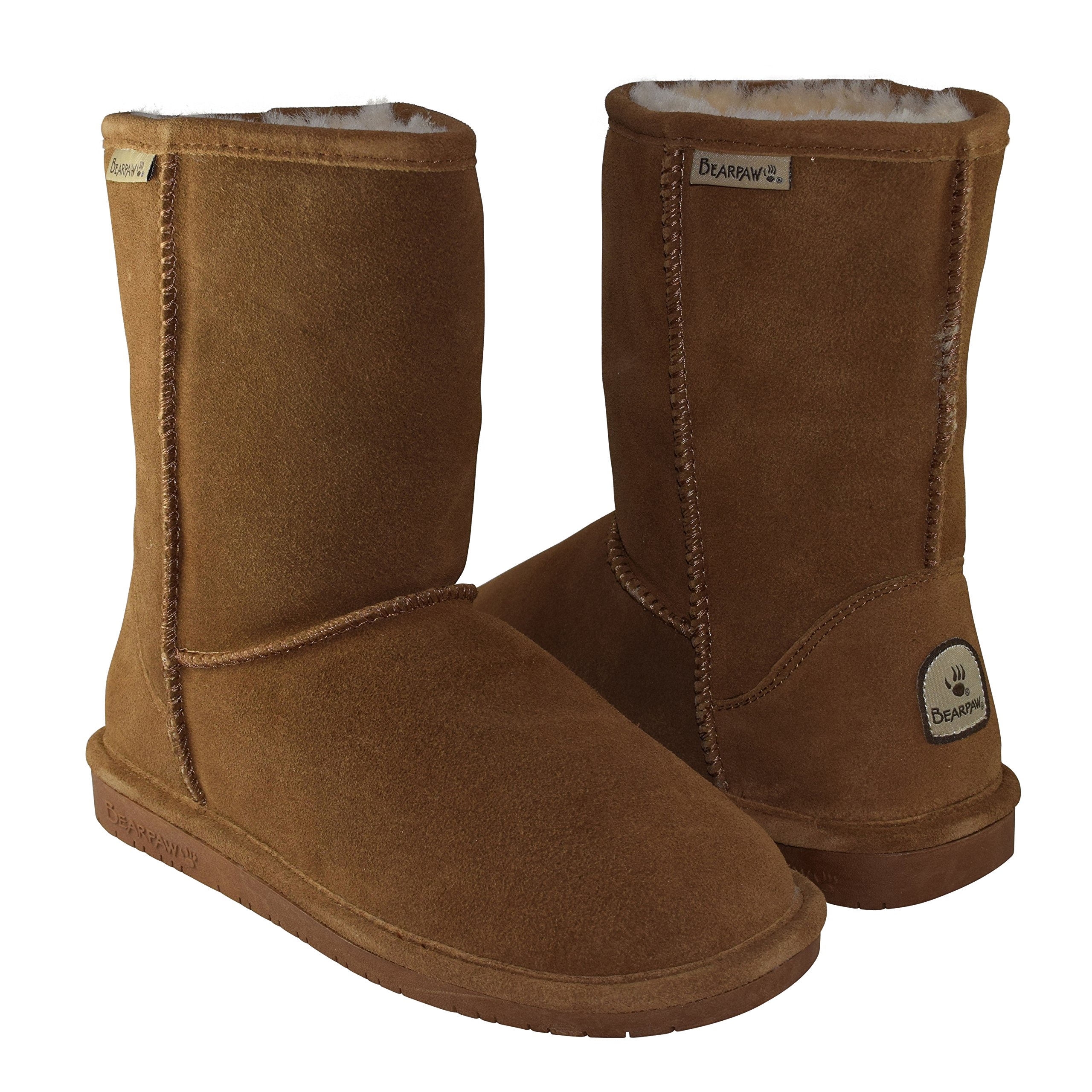 BEARPAW Women's Emma Short Shearling Boots 608-W Hickory (Chestnut) - Cozy Winter Ankle Boots for Casual Outfits & Outdoor Activities