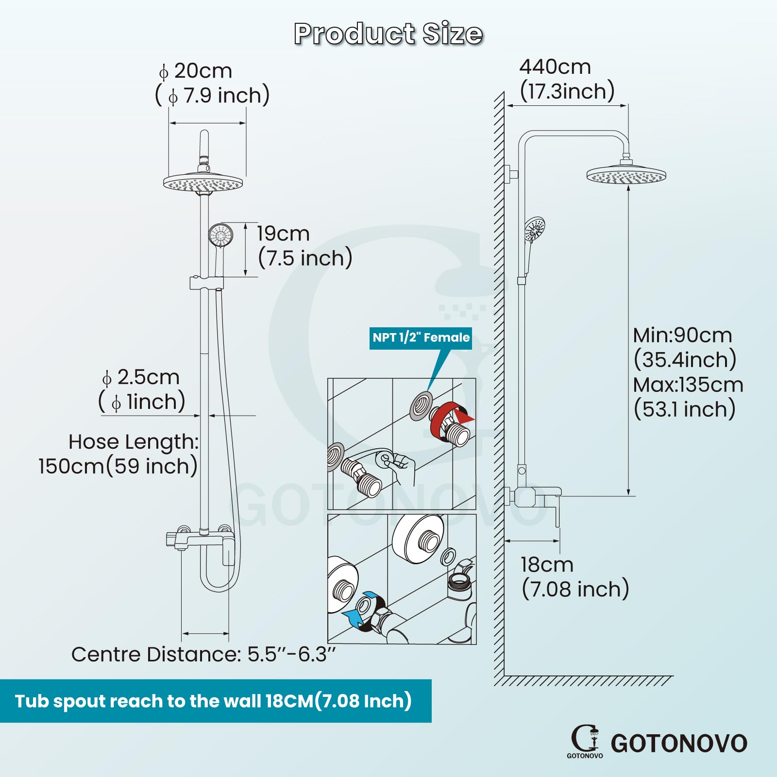 Gotonovo Matte Black 8-Inch Rainfall Shower System - Triple Function ABS Shower Head, Tub Spout & Handheld Spray Combo with Round Handle | Perfect for Modern Bathroom Renovations & Spa-Like Shower Experience
