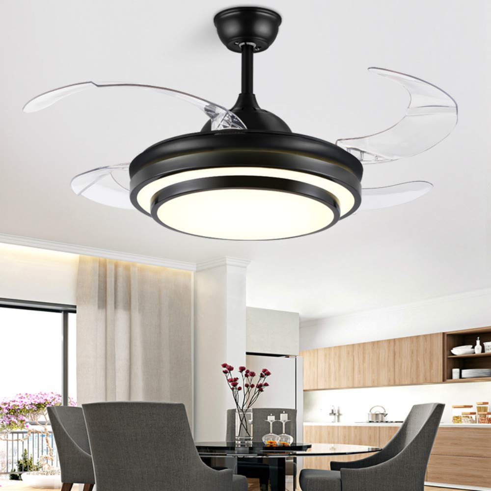 42 Inch Retractable Ceiling Fan with LED Light and Remote Control - 4 Clear ABS Blades - Modern Chandelier Style for Living Room, Dining Room & Bedroom - Energy Efficient Indoor Ceiling Fan Light Combo (Black) - Perfect for Home Cooling and Stylish Lighting