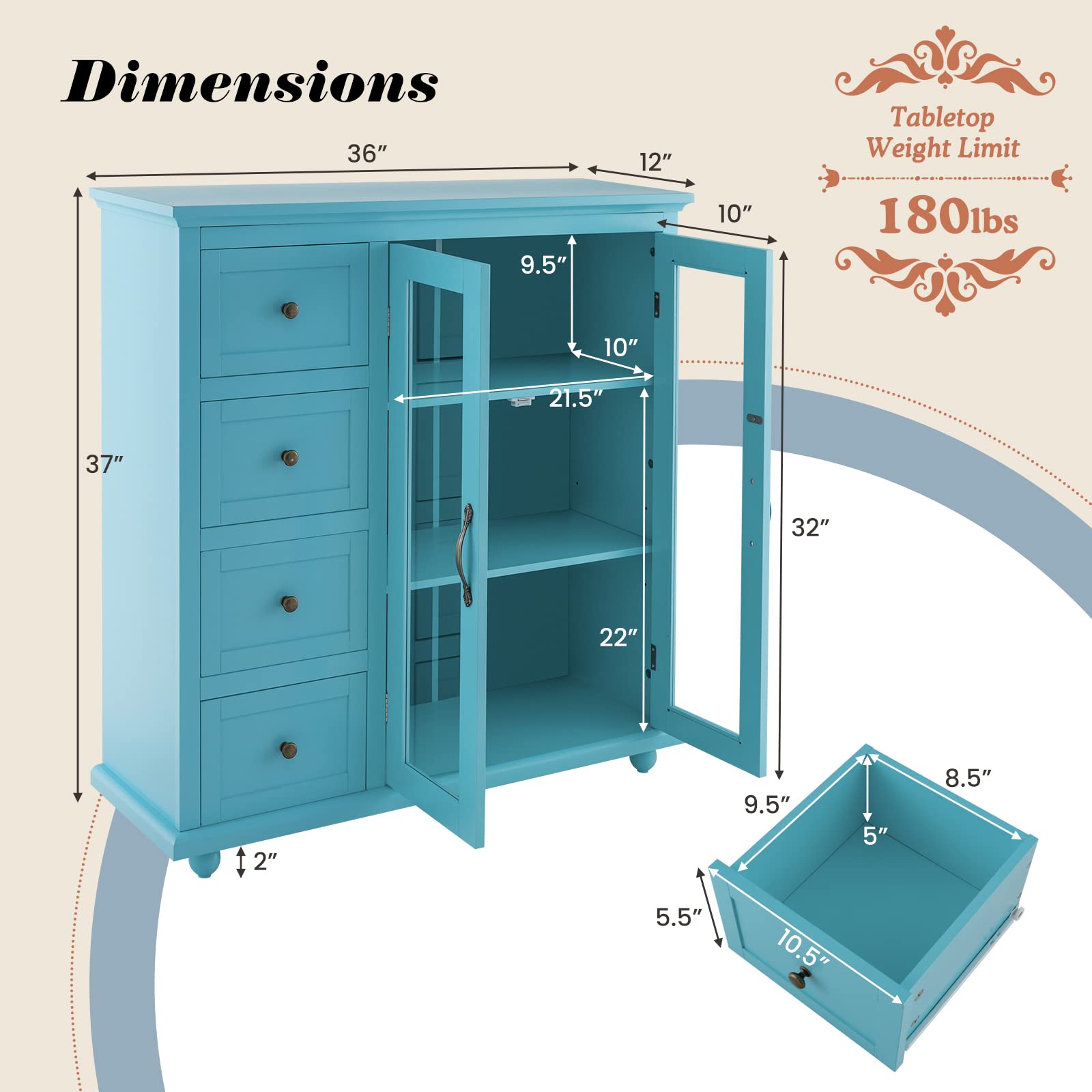 Blue Sideboard Buffet Cabinet with 4 Drawers & Glass Doors for Kitchen & Dining Room Storage