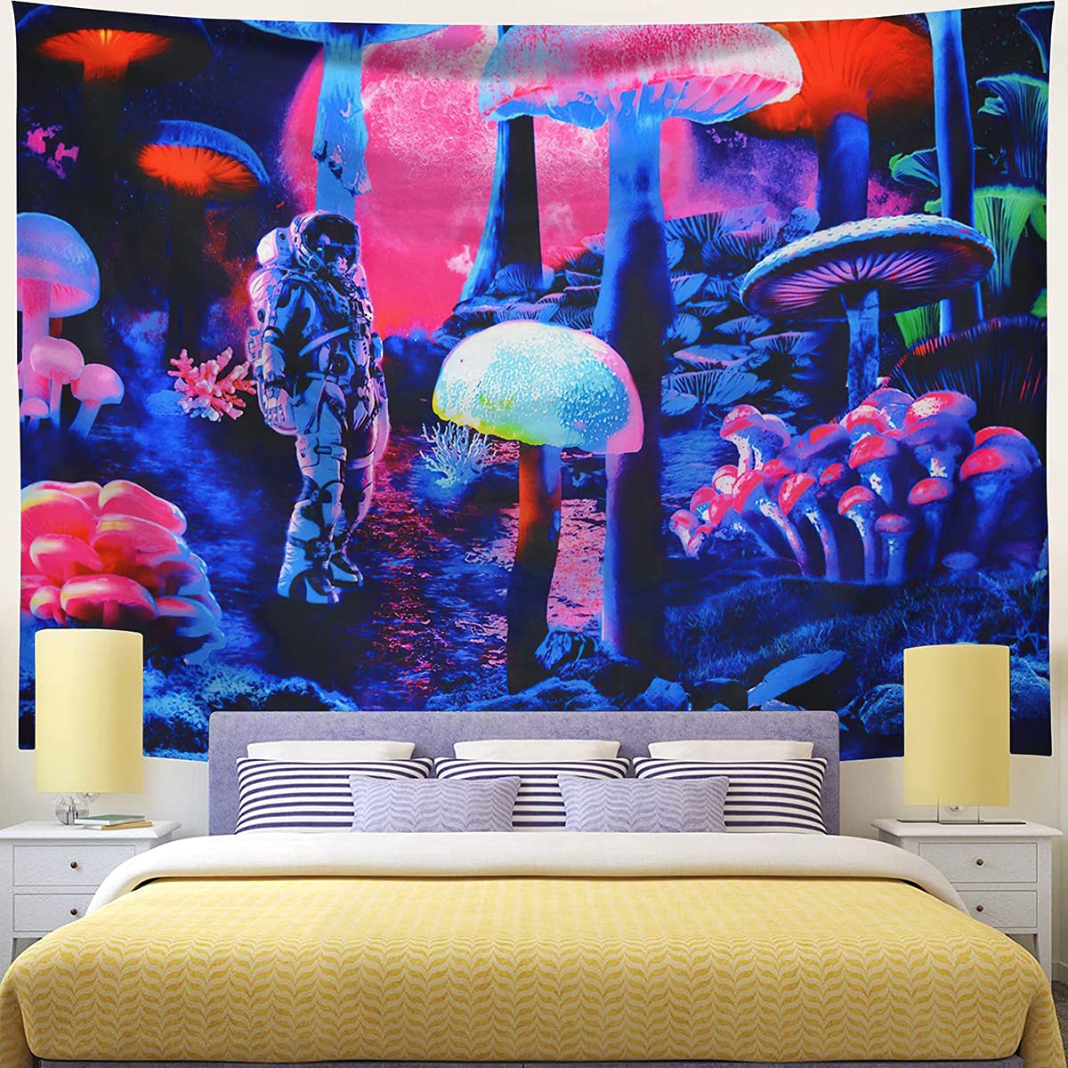 Shukqueen Astronaut Walking in Colorful Mushroom Forest Wall Tapestry - 70.9 x 90.6 Inches (180x230 cm) - Vibrant Boho Home Decor for Bedroom, Dorm, Living Room | Perfect for Hippie Aesthetic, Meditation Space & Festival Backdrop