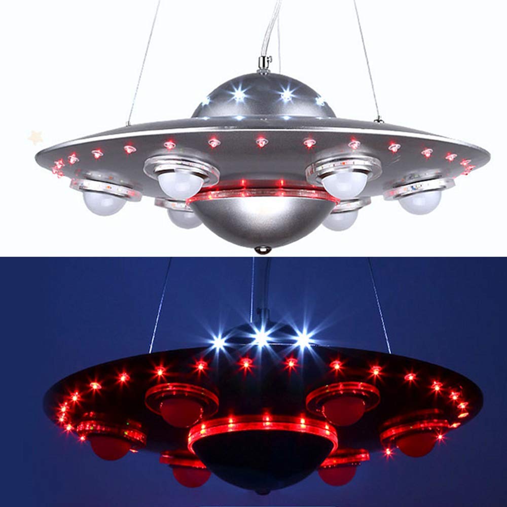 LAKIQ UFO LED Chandelier for Kids Room - 6 Lights Hanging Pendant Light for Bedroom & Nursery (Silver) - Perfect for Boys & Girls Rooms