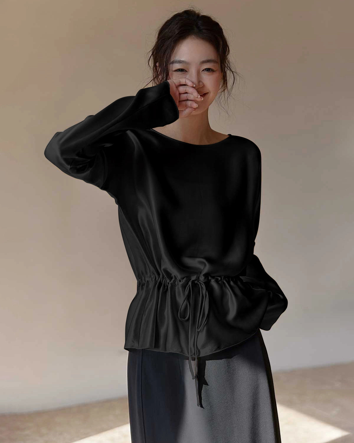 Elegant Drawstring Waist Silk Blouse for Women - Soft & Luxurious Long Sleeve Tops - Perfect for Office, Date Night & Special Occasions