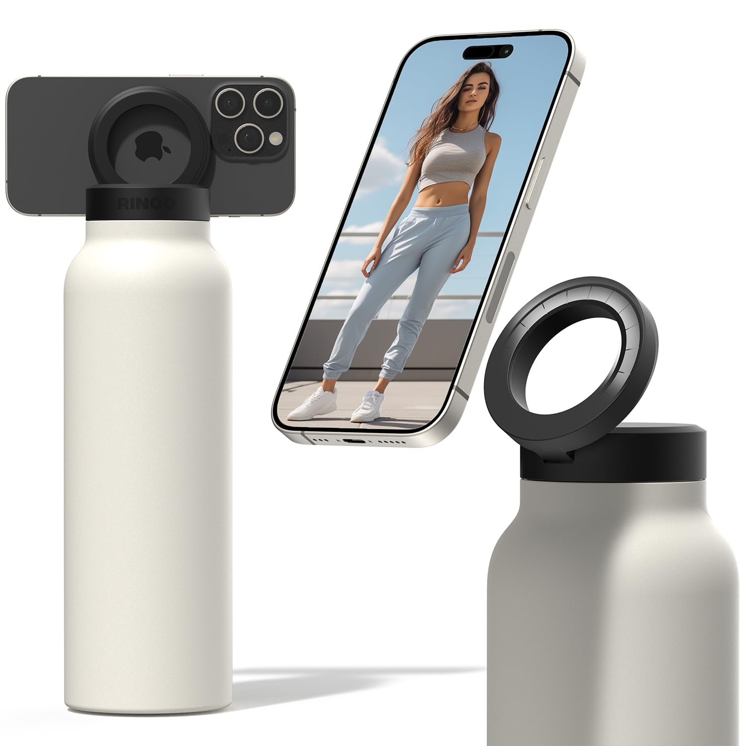 Ringo Insulated Stainless Steel Water Bottle 24oz with Mag-Safe Phone Holder & Magnetic Tripod Mount - Keeps Hot 12H/Cold 24H, 360° Rotation - Ivory - Perfect for Gym, Hiking, Travel & Outdoor Activities