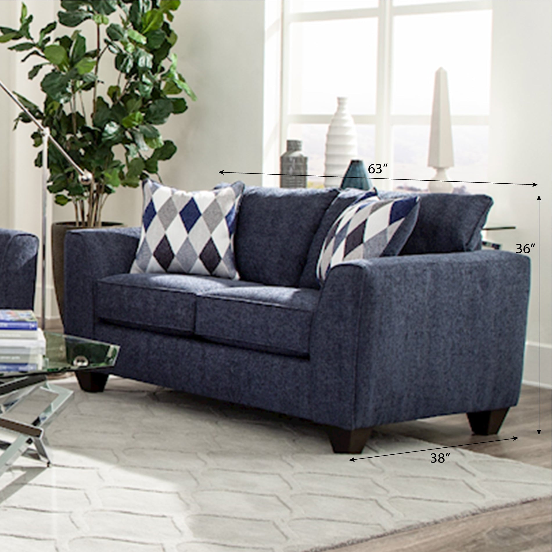 Modern Indigo Fabric Pillow Back Loveseat - Stylish Contemporary Two-Seater Sofa for Living Room, Lounge & Small Spaces