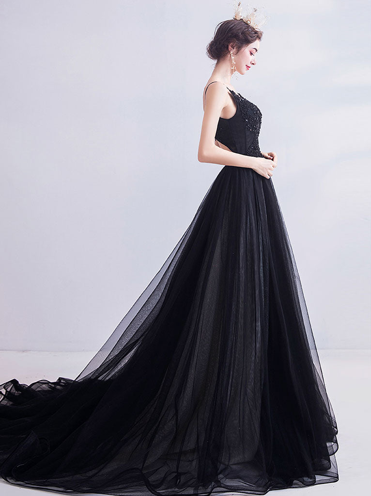 Elegant Black V-Neck Tulle Lace Long Prom Dress - Formal Evening Gown for Homecoming, Wedding, Party & Special Occasions