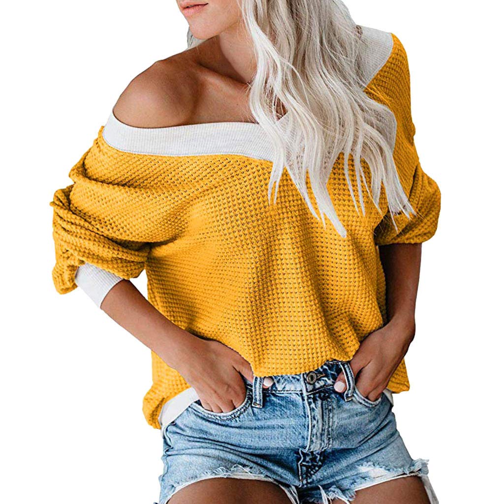 Women's Off Shoulder Pullover Thermal Waffle Knit Top - Long Billowy Sleeves Loose Blouse for Casual Wear, Date Night & Fall Layering