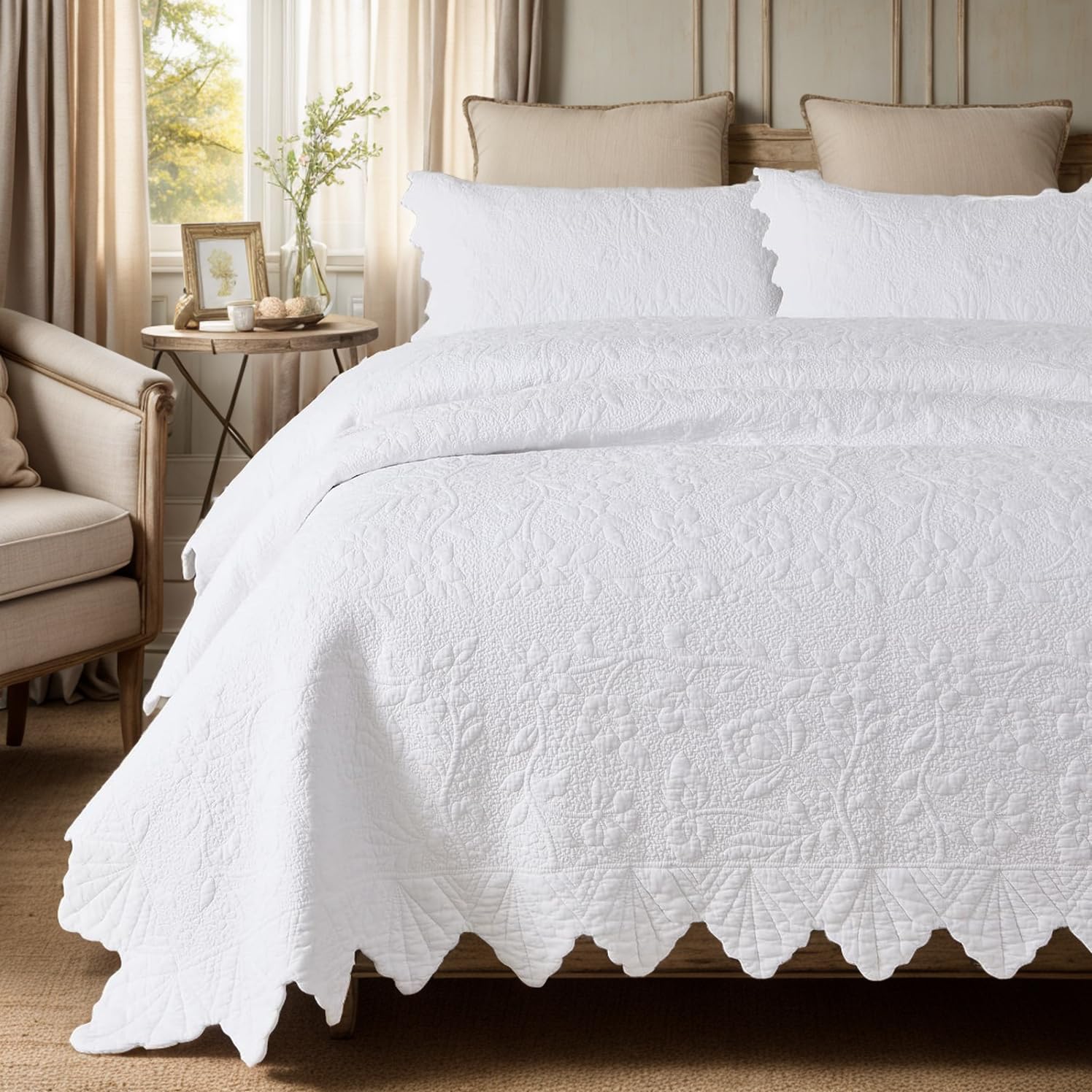 Brandream White Quilt Set Queen/King Size - 100% Cotton Matelasse Coverlet Bedding Set - Farmhouse Style Queen Size Bedspread (98x106 Inches with Standard Pillow Shams) - Perfect for Cozy Farmhouse Bedrooms, Guest Rooms & Vacation Homes