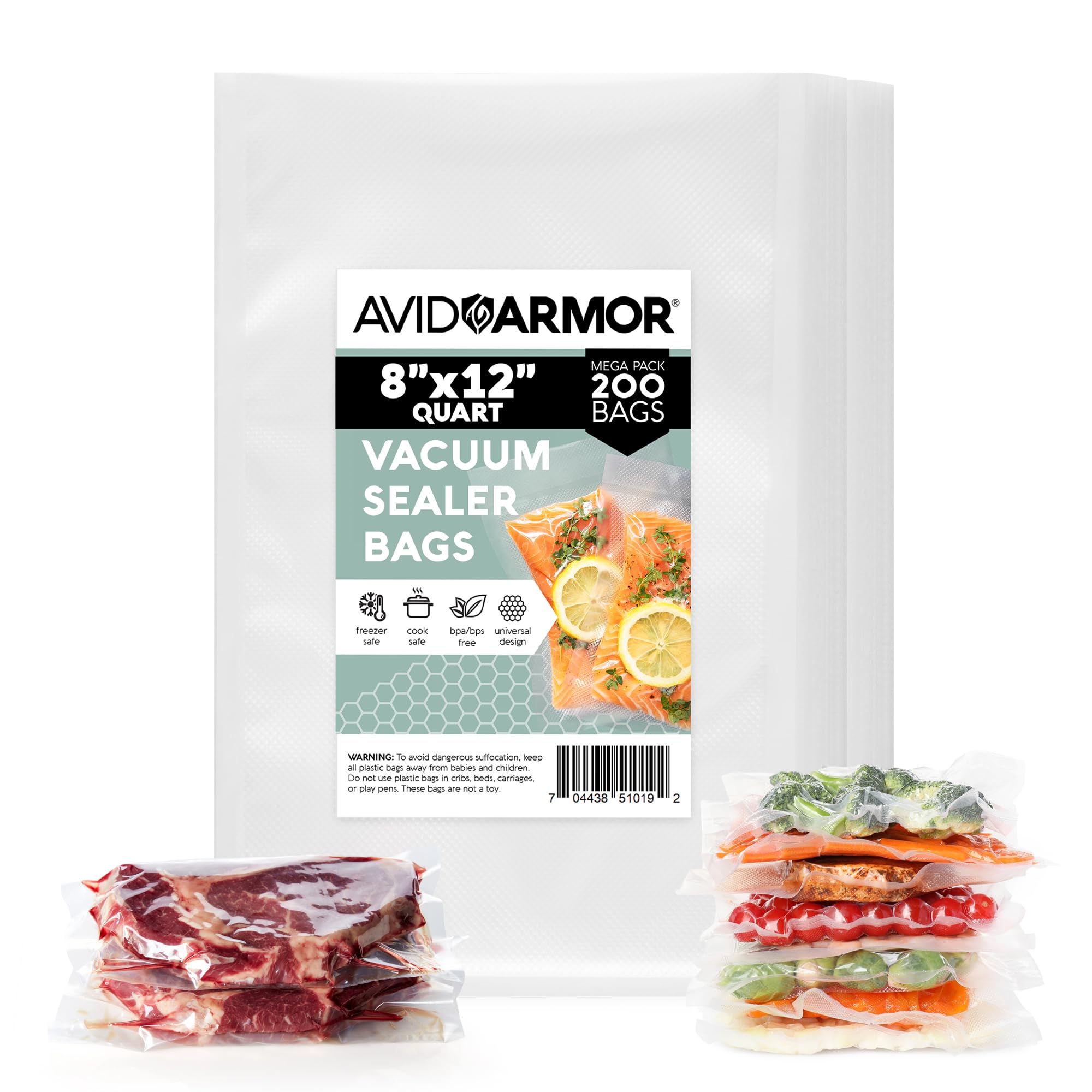 Avid Armor Vacuum Sealer Bags 200 Quart (8x12 Inch) – BPA-Free Heavy Duty Commercial Grade Food Storage Bags for Vacuum Sealing, Meal Prep, Sous Vide, Freeze Dried & Dehydrated Foods – Ideal for Kitchen, Camping & Long-Term Food Preservation