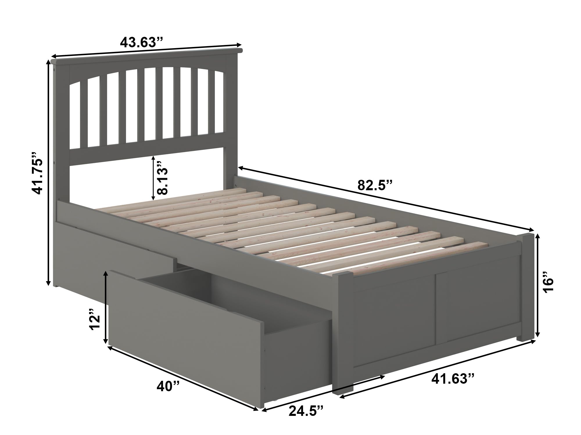 AFI Mission Twin XL Size Platform Bed with Footboard & Storage Drawers in Grey - Modern Wooden Bed Frame for Small Spaces, Guest Rooms & Dormitories