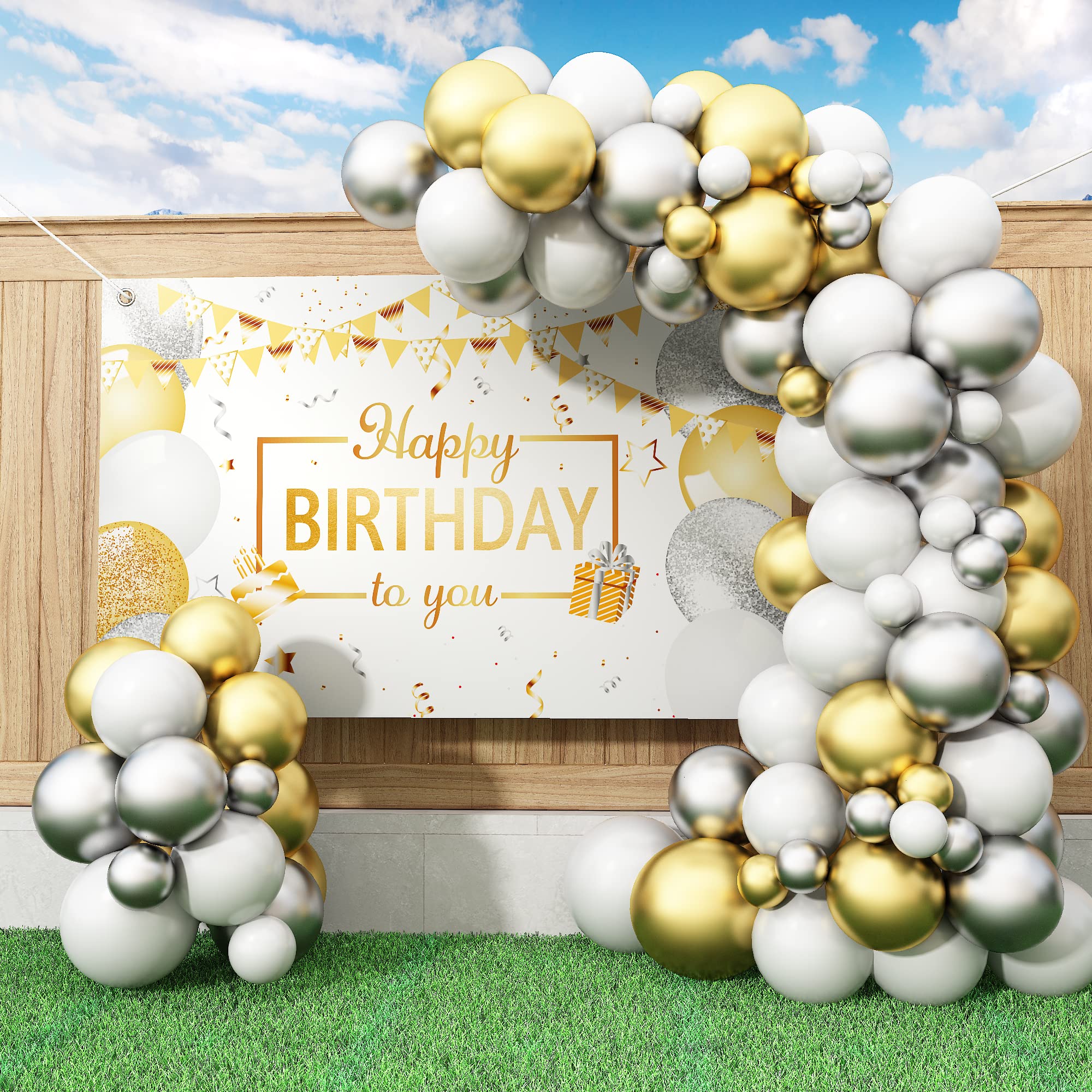 65-Piece White & Gold Birthday Decorations Kit - Balloon Garland, Backdrop Banner with Silver Gold Confetti Balloons | Perfect for Birthday Parties, Baby Showers & Special Events