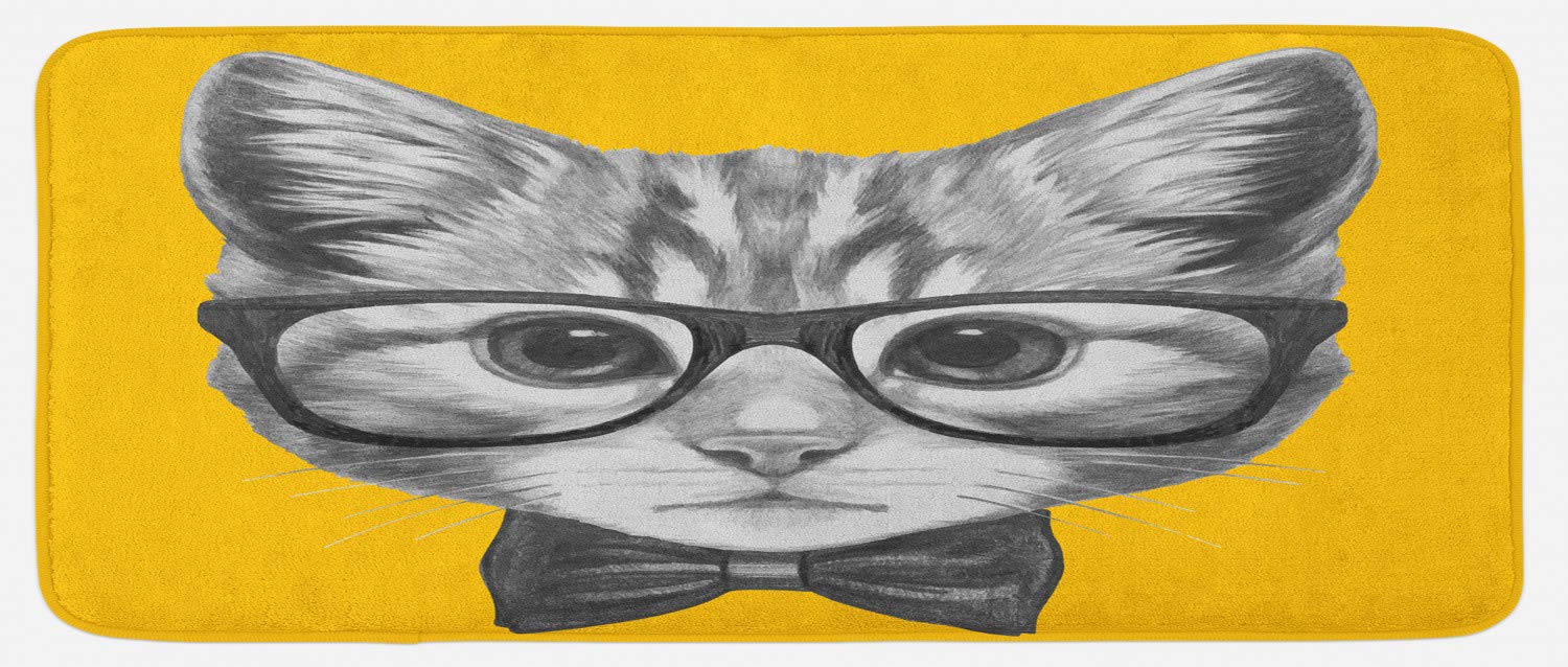 Ambesonne Non-Slip Plush Kitchen Mat with Hand-Drawn Hipster Cat & Glasses Design, 47