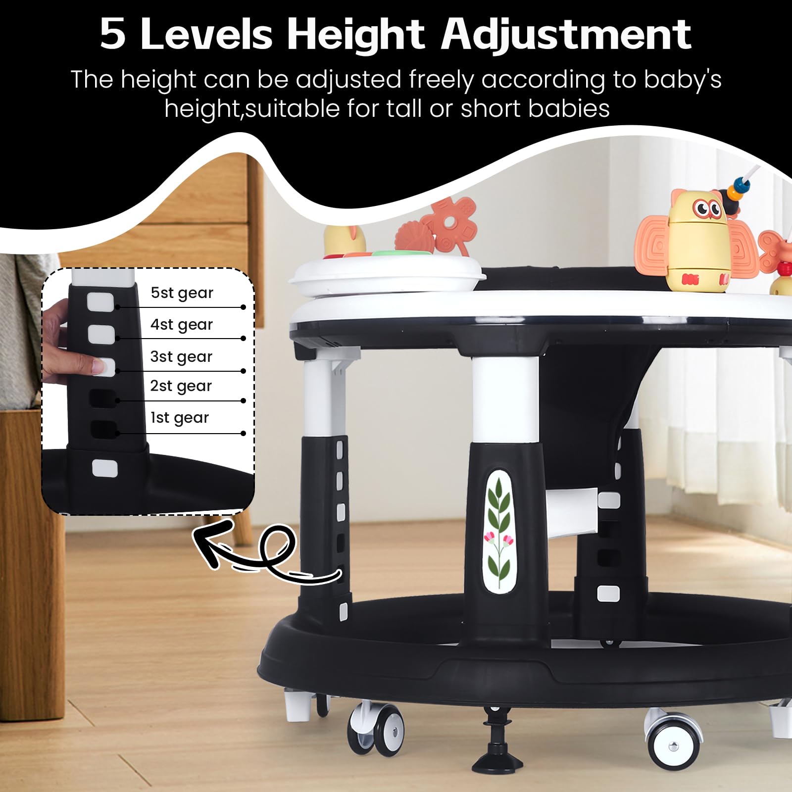 5-in-1 Foldable Baby Walker with Wheels & Activity Center for Infants 6-18 Months | Adjustable Height, Music & Learning Modes | Perfect for Playtime, Early Development & Safe Walking Practice