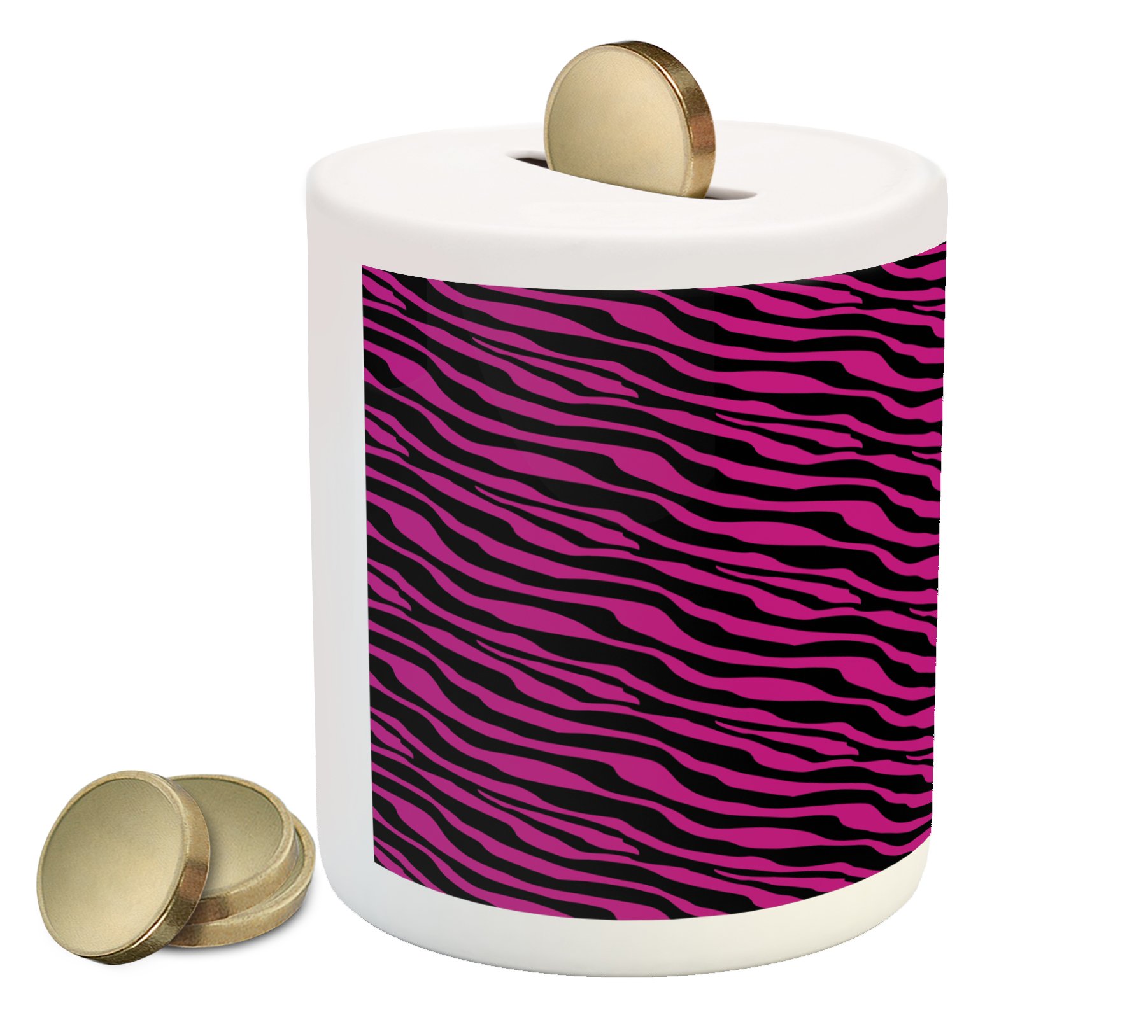 Ambesonne Pink Zebra Ceramic Piggy Bank - Wild Zebra Stripes Design for Cash Saving | Exotic Hippie Style Coin Bank for Teens & Kids | Perfect for Birthday Gifts, Room Decor & Money Management