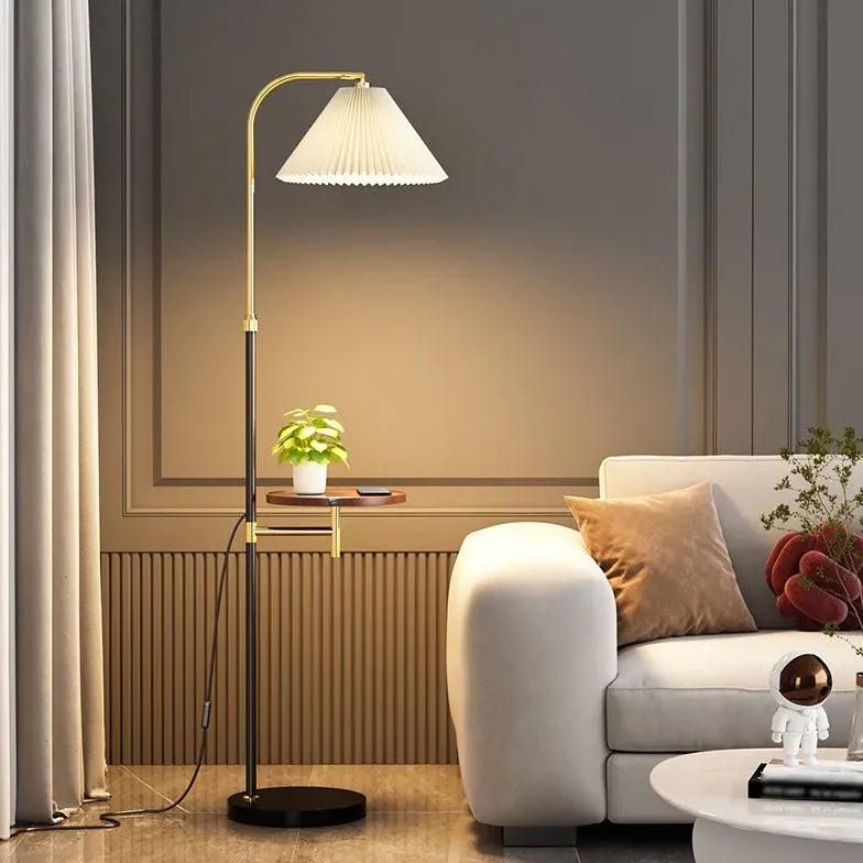 Modern White Floor Lamp with Built-in Side Table - Adjustable LED Reading Light for Living Room, Bedroom, or Office - Space-Saving Home Decor Lighting Fixture