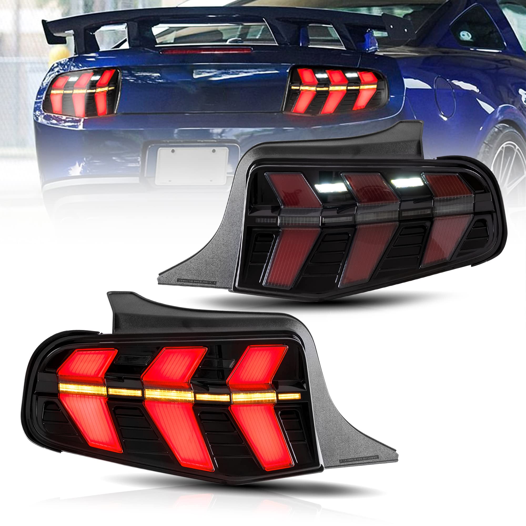 VLAND LED Tail Lights for Ford Mustang 2010-2012 - Sequential Amber Turn Signal, Smoked Lens, Pair (Left & Right) - Upgrade Your Ride for Night Driving & Car Shows