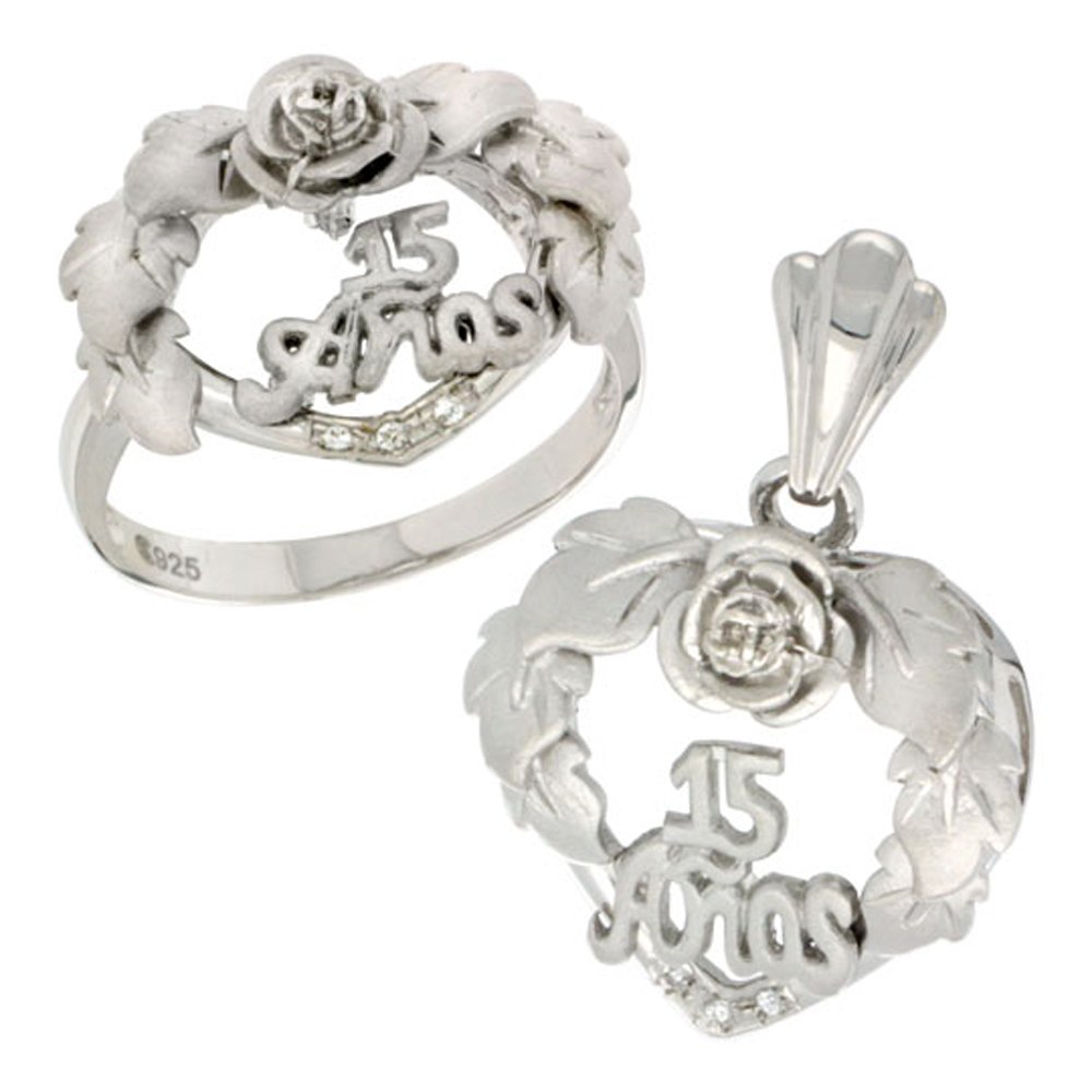 Elegant Sterling Silver Quinceañera 15th Birthday Heart Wreath Ring & Pendant Set with CZ Stones - Rhodium Plated for Long-Lasting Shine | Perfect for Sweet 15 Celebrations, Graduation Gifts & Special Occasions