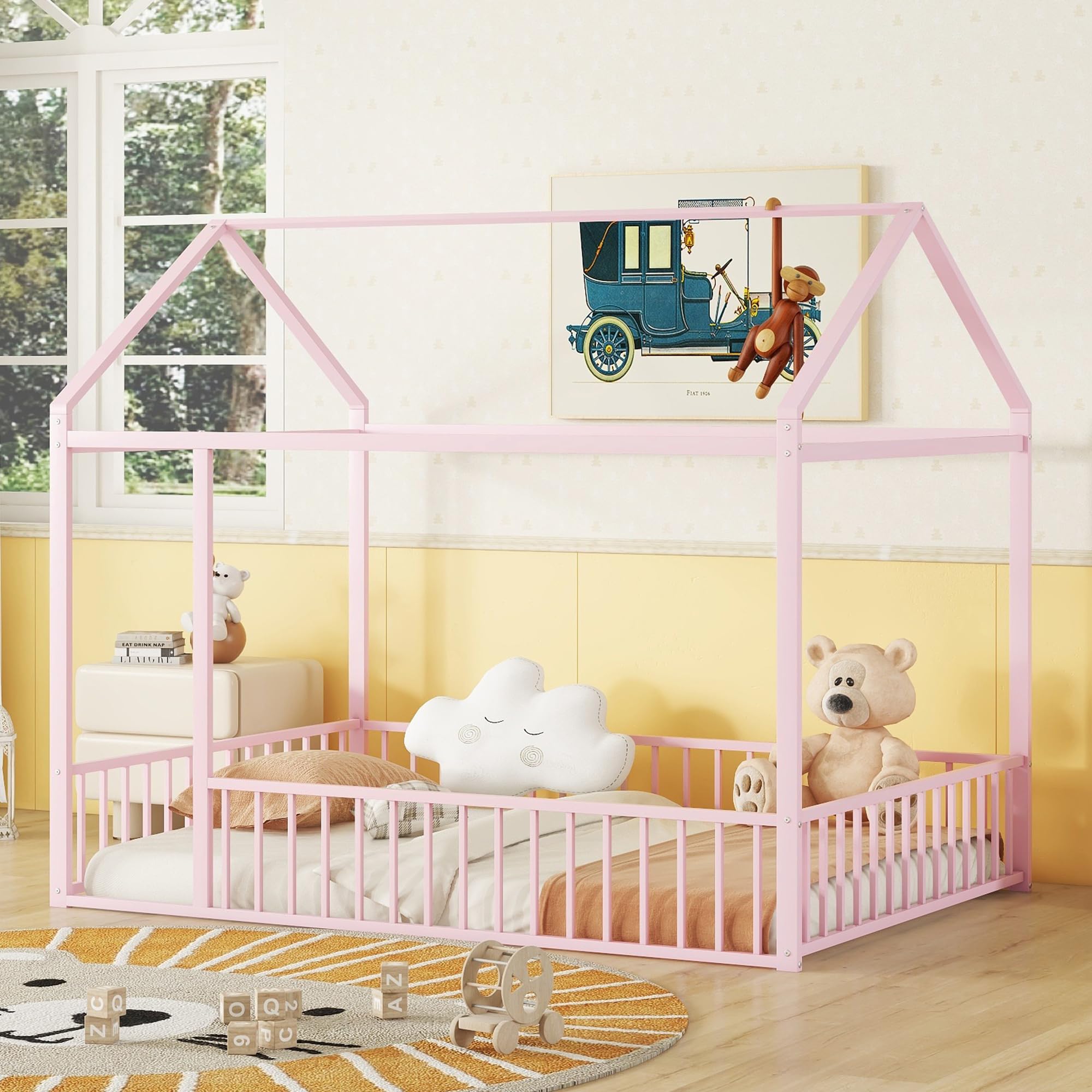Bellemave Full Size Montessori Floor Bed - Metal House Bed Frame for Kids with Safety Fence | Pink Playhouse Bed for Toddlers & Children | Perfect for Montessori Rooms, Playrooms & Nursery Decor