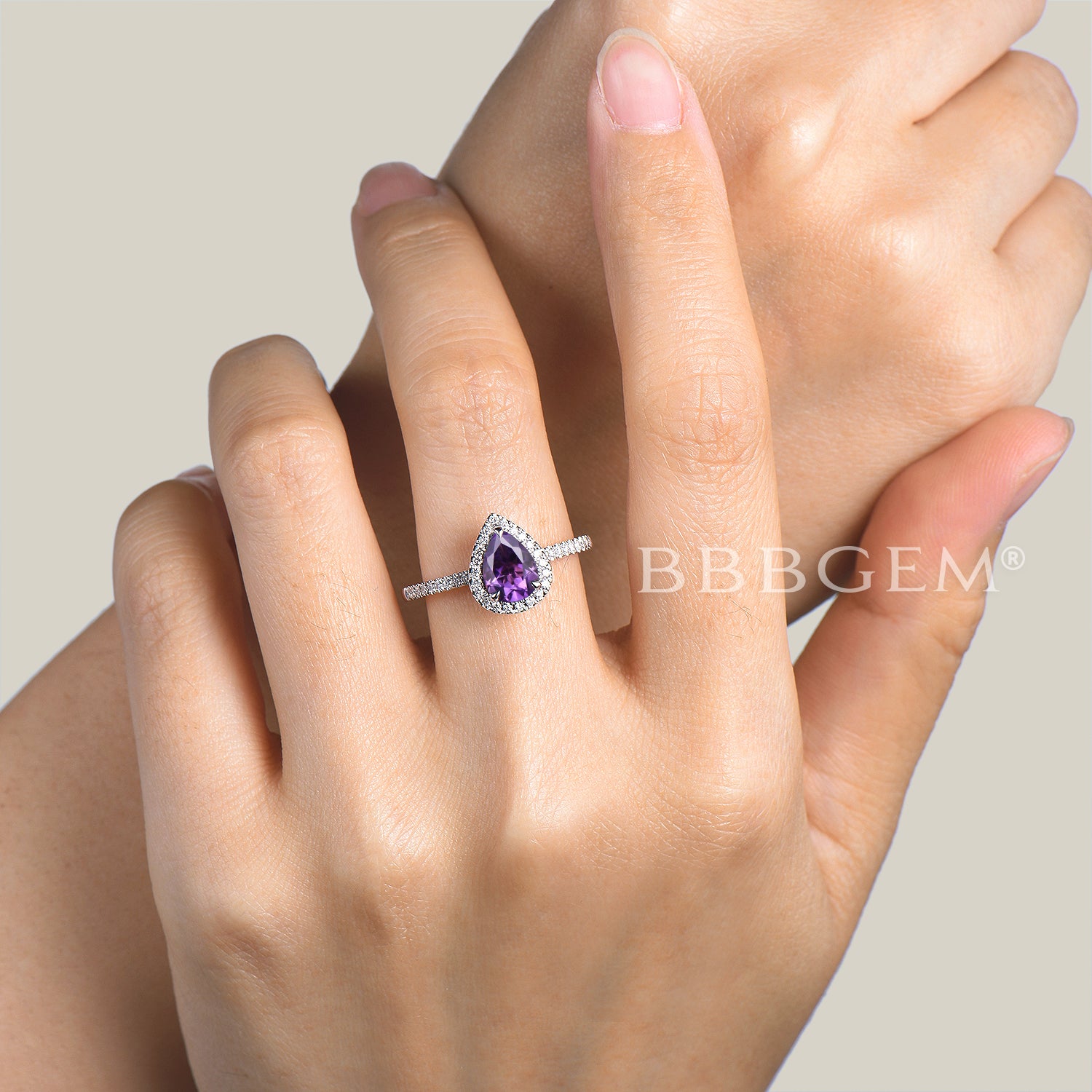 Natural Amethyst Teardrop Cut Engagement Ring - Half Eternity Diamond Halo Wedding Band for Women | Perfect for Proposals, Anniversaries & Special Occasions