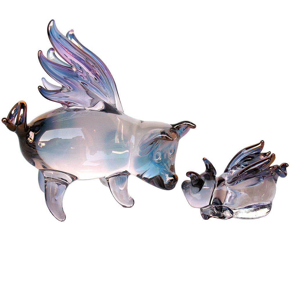 Hand Blown Glass Flying Pig Figurine Set - Mother and Baby Pig Statue - Unique Home Decor Gift for Collectors - Perfect for Nursery, Living Room, or Office Display