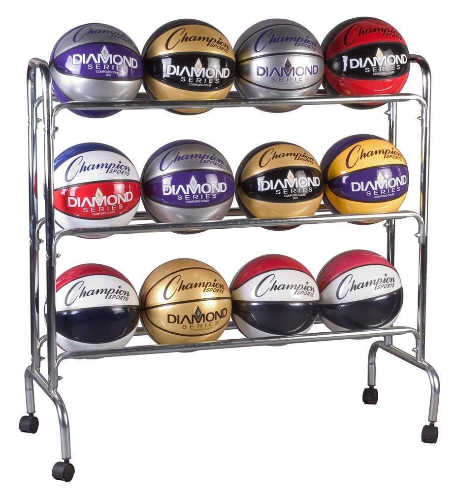 Champion Sports Chrome Frame Rolling Basketball Storage Cart - Durable & Portable Sports Equipment Organizer for Gym, School, or Home Use