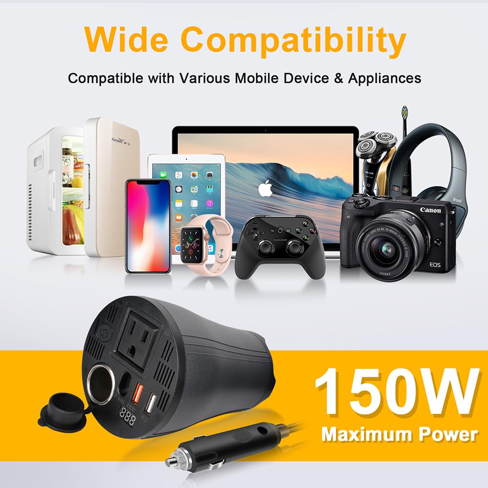 150W Car Power Inverter DC 14V to 110V AC Converter with Dual USB Quick Charge 3.0 & AC Outlets - Cup Holder Design for Tesla & 12V Vehicles - Type C LED Display & Cigarette Lighter - Perfect for Road Trips, Camping & Charging Laptops/Phones in Car