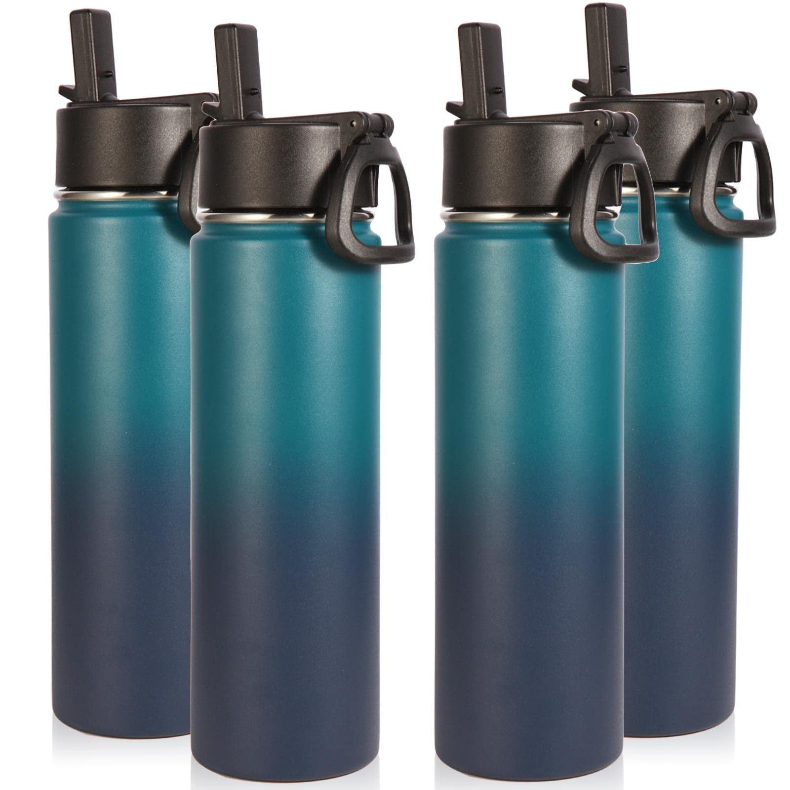 Volhoply 22 oz Insulated Stainless Steel Water Bottles with Straw & Handle - 4 Pack Bulk Set, Double Wall Vacuum Insulation, Wide Mouth Reusable Sports Bottle for School, Gym, Hiking & Outdoor Activities (Dark Night, 4 Set)