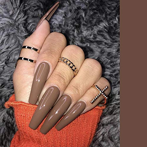 Xerling 24Pcs Extra Long Press on Nails - Glossy Coffin Ballerina Acrylic Fake Nails for Women, Pure Brown Color, Salon Quality False Nails for Parties, Weddings & Special Occasions