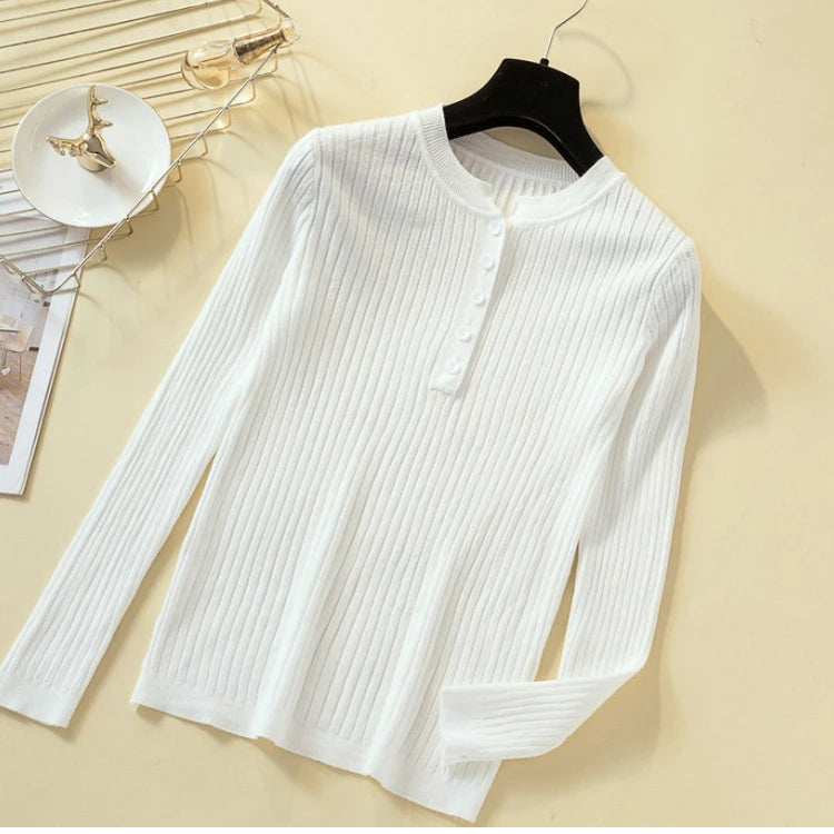 Button Basic Slim Knitted Pullover Sweater for Women - Soft Comfortable Lightweight Casual Tops for Fall & Winter - Perfect for Office, Dating and Weekend Outfits