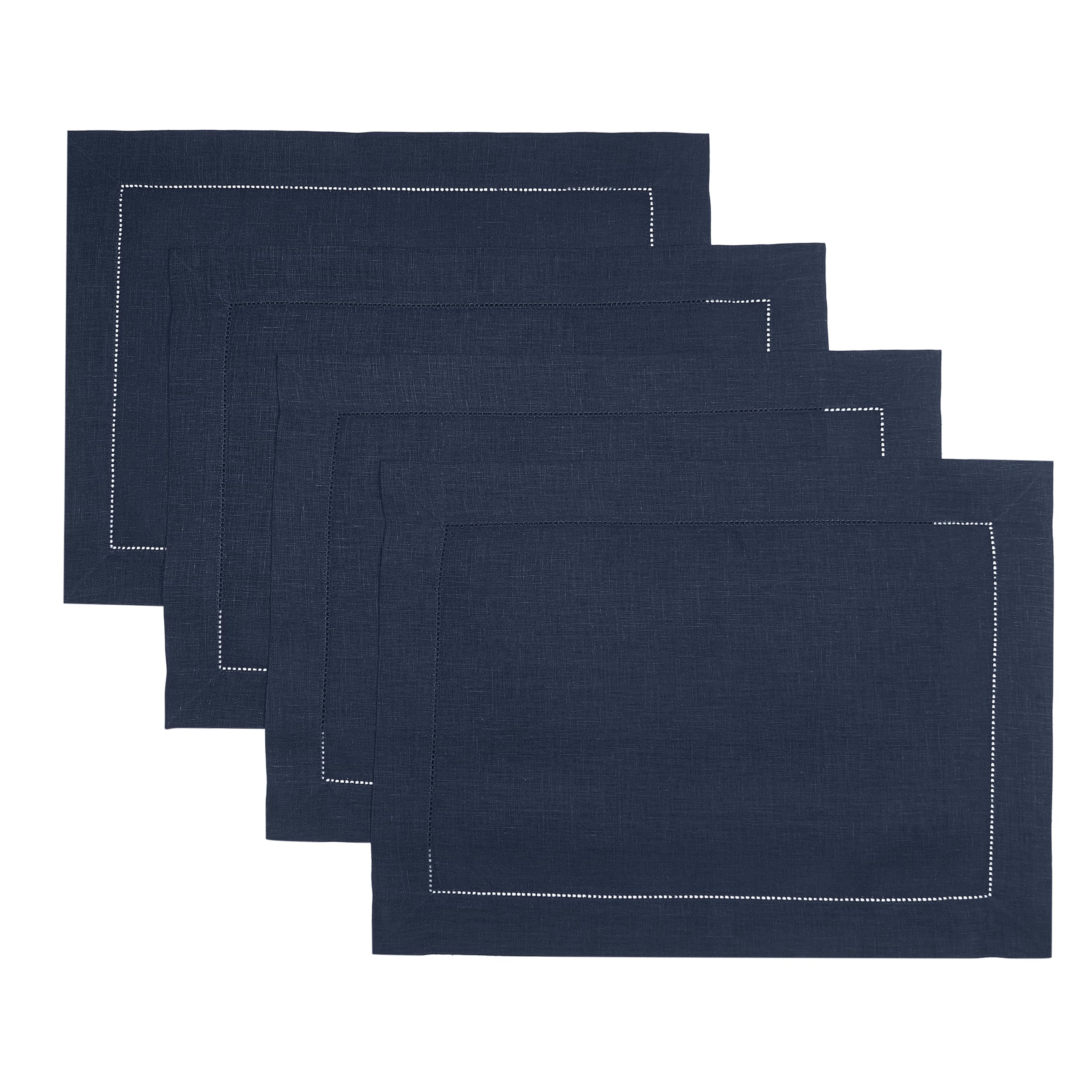 D'Moksha Homes 100% Pure Linen Placemats Set of 4 - Navy Blue 14x19 Inch Classic Hemstitch Washable Table Mats for Dining, Kitchen, Spring & Summer Decor