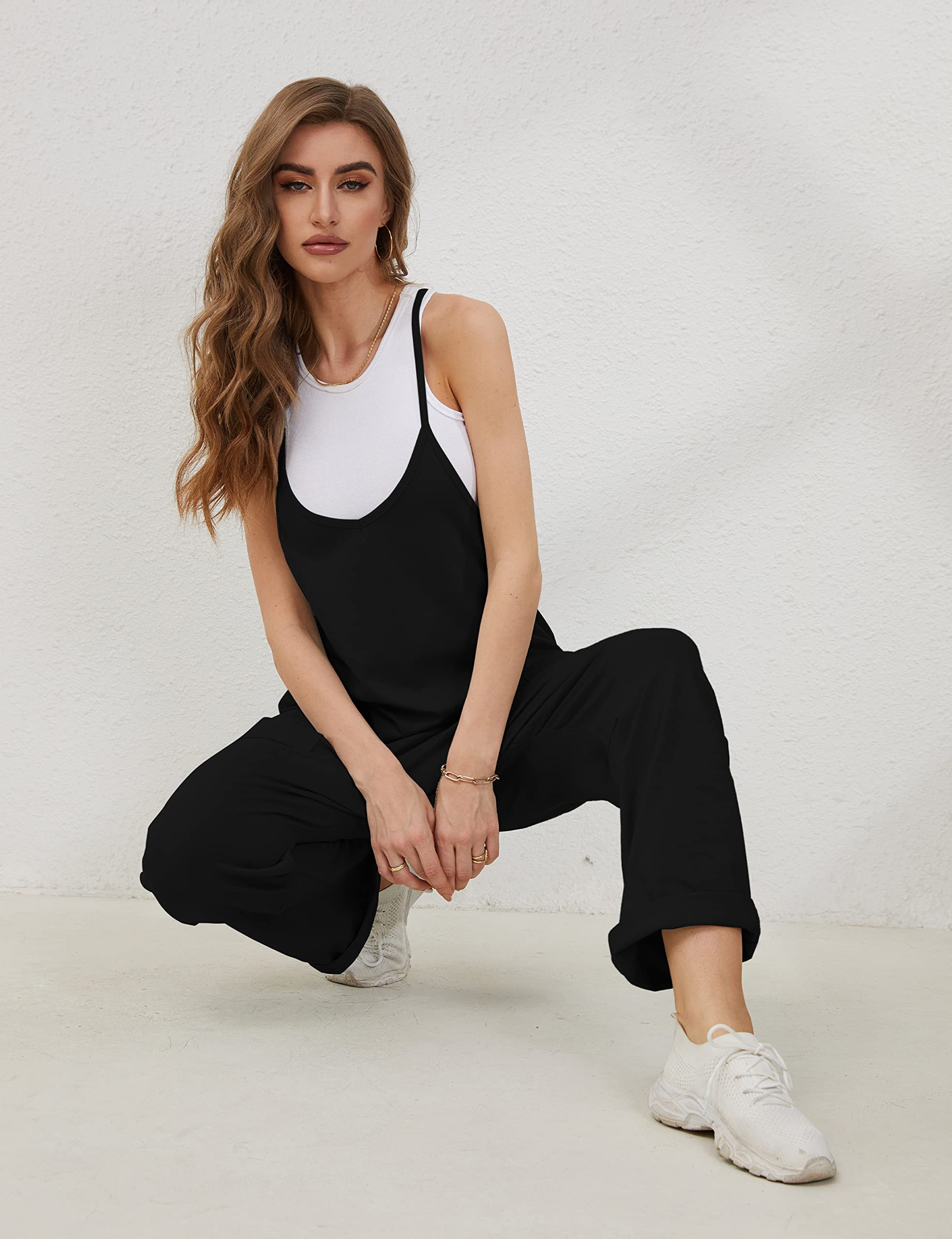 Lentta Women's Casual Jumpsuit - V Neck Sleeveless Romper with Adjustable Straps & Pockets | Stretchy Harem Overalls for Summer Outings, Beach Wear & Casual Fashion