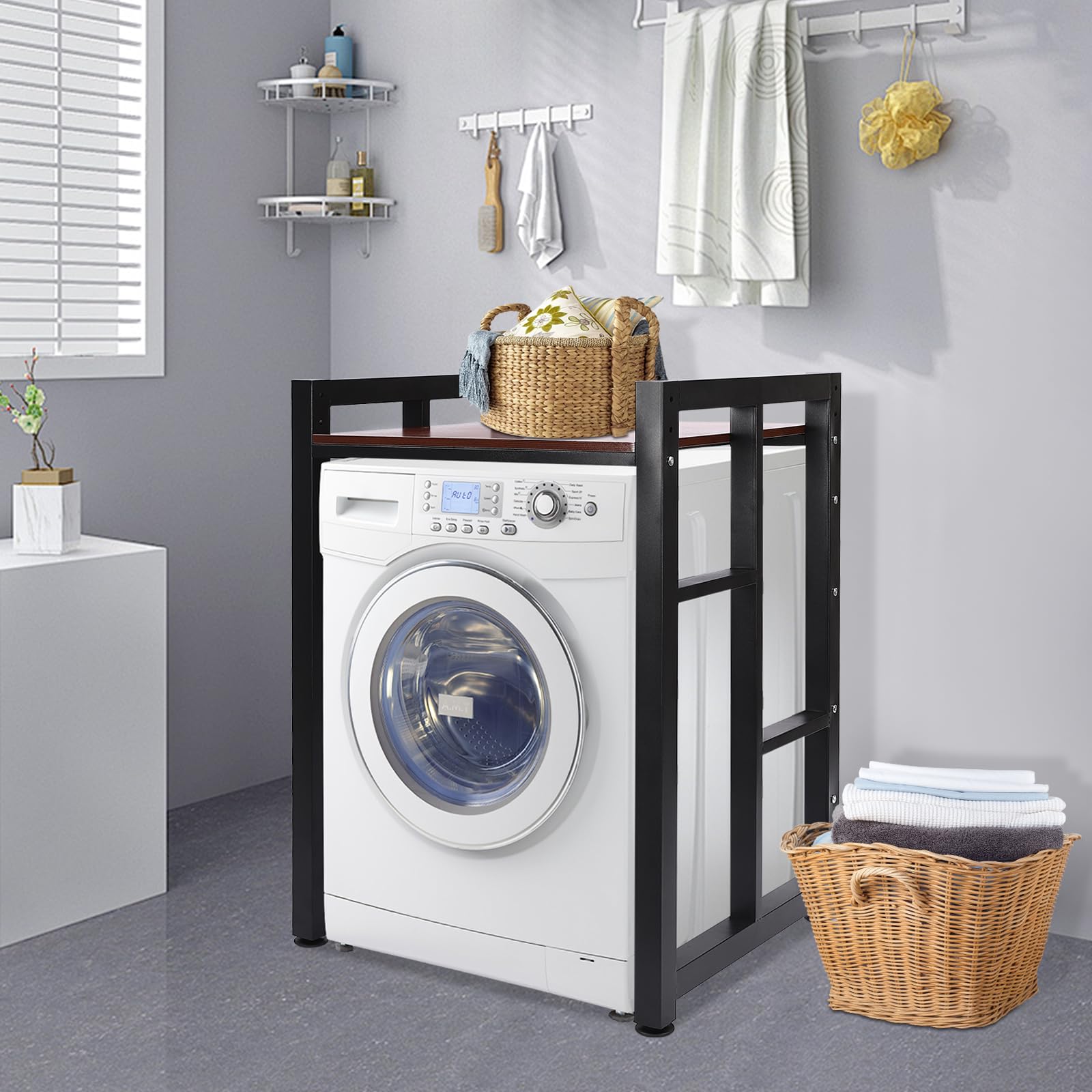 Heavy Duty Washer Dryer Stacking Rack Stand - Adjustable Over Washer & Dryer Shelves with Space Saving Design - 41.34 Inch Laundry Room Storage Organizer (Black, Teak Color) - Perfect for Small Spaces & Apartment Laundry Organization