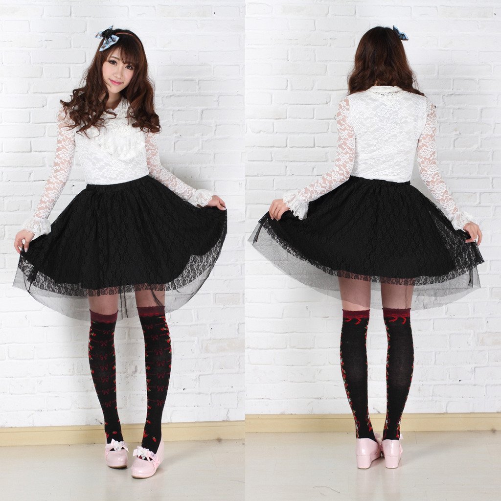 Hugme Black Polyester Lace Rose Lolita Skirt - Elegant Gothic Fashion for Cosplay, Tea Parties & Vintage Style Outfits