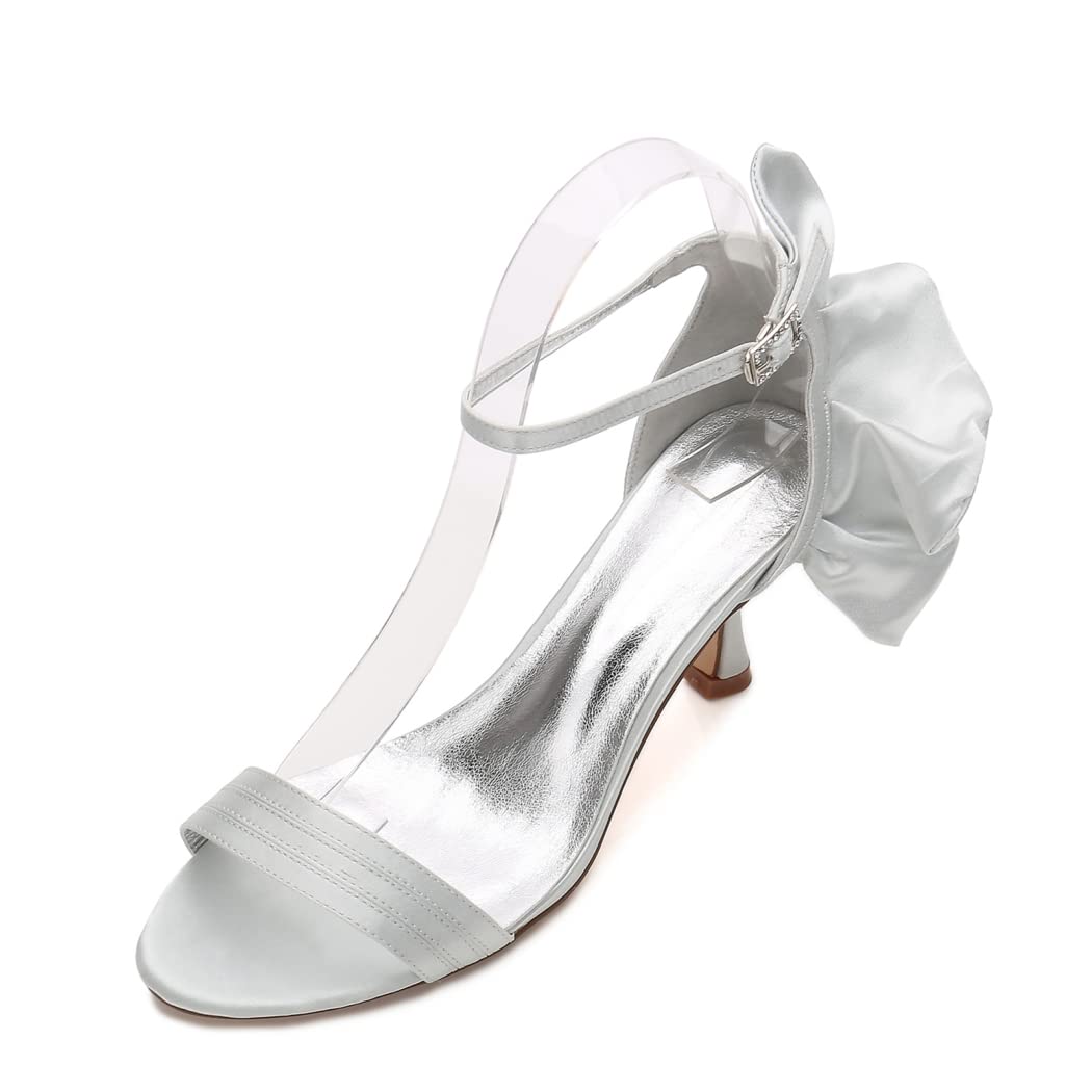 Women's Silver Satin Open Toe Sandals with 2.7in Kitten Heels & Elastic Band - Comfortable Wedding Shoes for Brides, Bridesmaids & Special Occasions