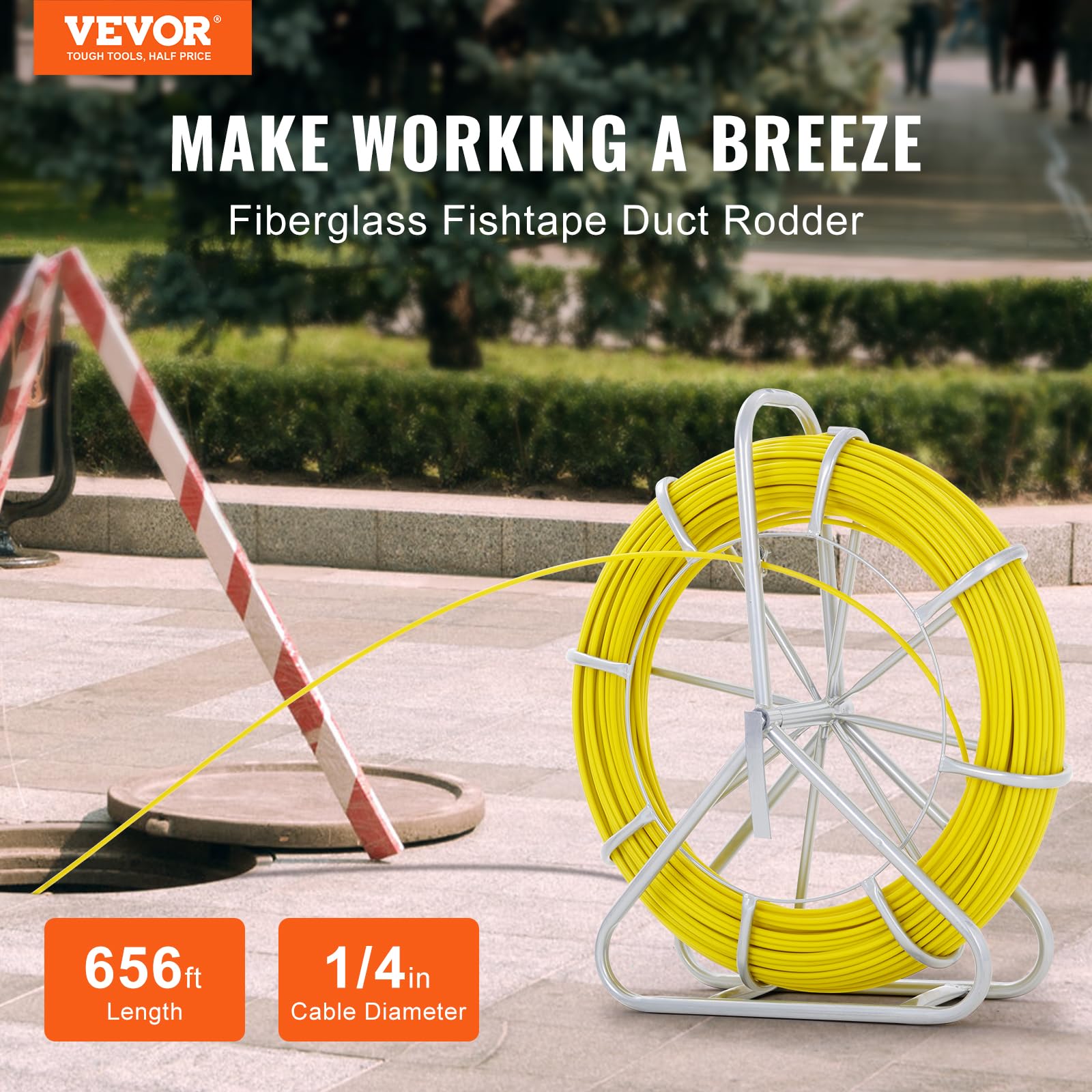 VEVOR 1/4 Inch Fiberglass Fish Tape - 656ft Electrical Wire Puller with Steel Reel Stand | 6mm x 200m Cable Running Rod for Conduit & Duct Work | Perfect for Electricians & DIY Home Wiring Projects