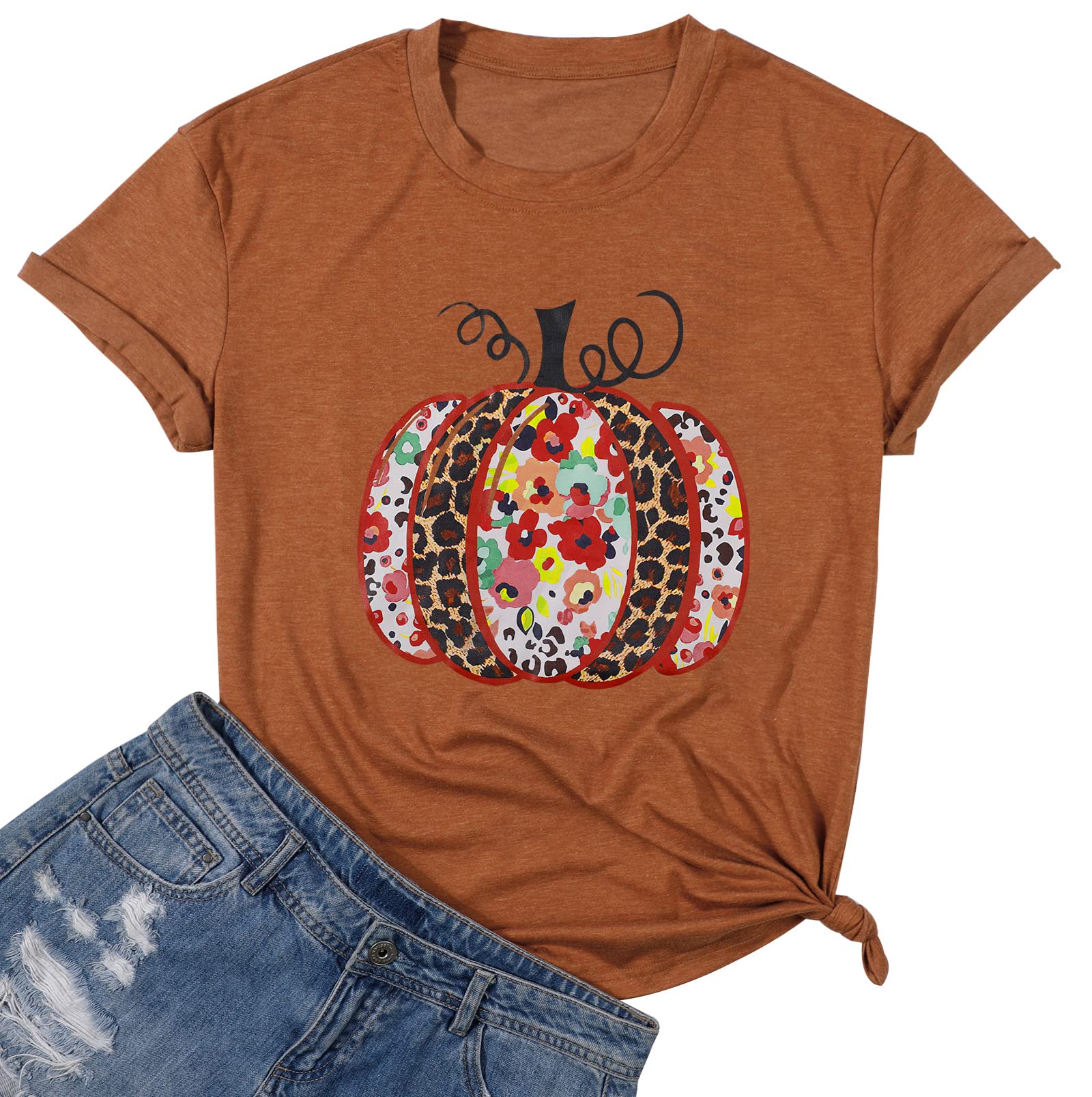 Women's Leopard Pumpkin Graphic T-Shirt - Funny Halloween & Thanksgiving Cute Short Sleeve Top - Perfect Fall Gift for Parties, Costume Events & Casual Wear