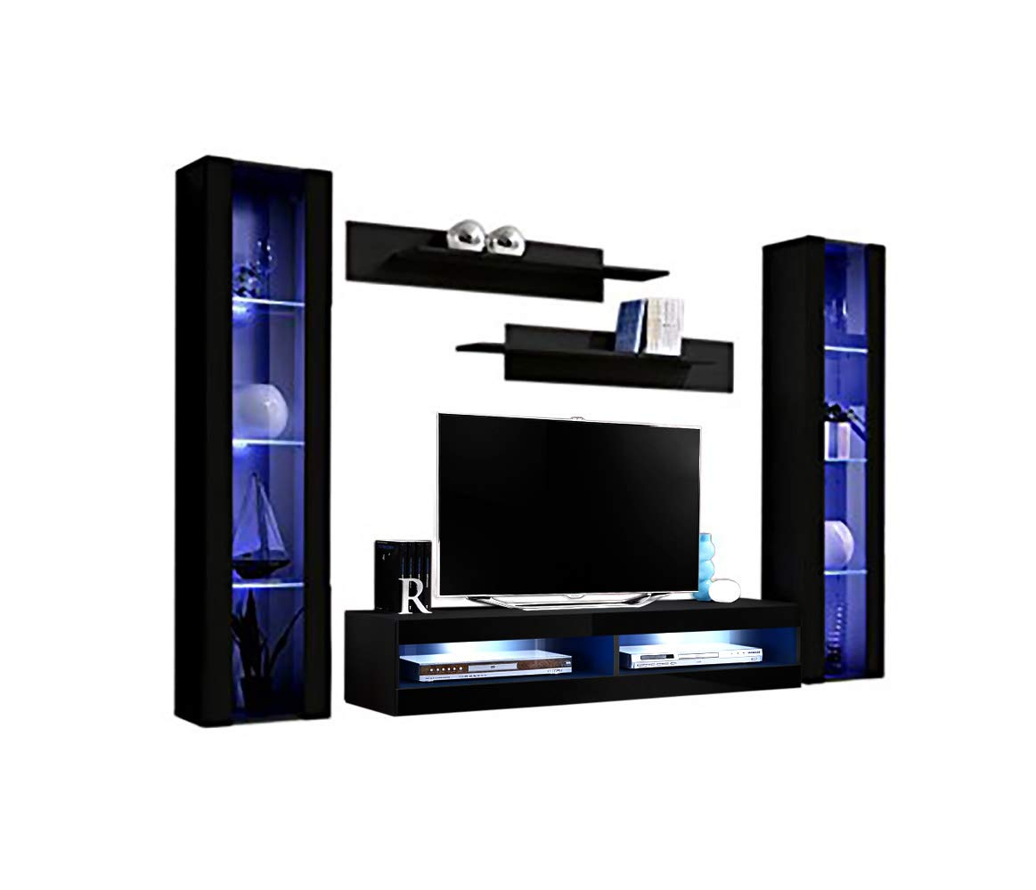 Modern Floating TV Stand with Storage & LED Lights - Wall-Mounted Entertainment Center Console for Bedroom & Living Room - Space-Saving TV Cabinet with Shelves - Perfect for Small Apartments & Home Theaters - Black