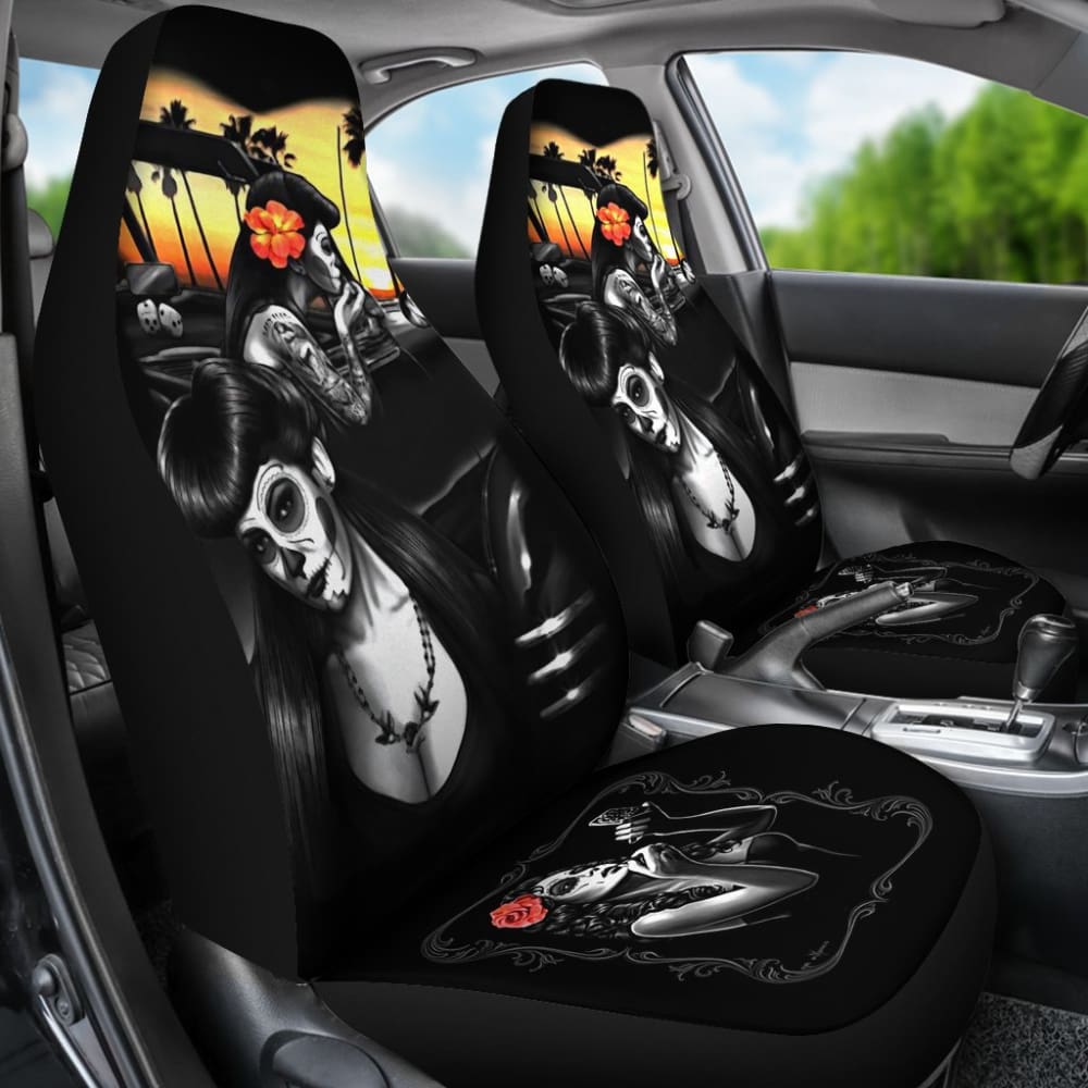 Stylish Couple Love Calavera Sugar Skull Car Seat Covers for Cars - Gothic Mexican Day of the Dead Design - Perfect for Couples, Halloween Decor & Unique Gift Ideas