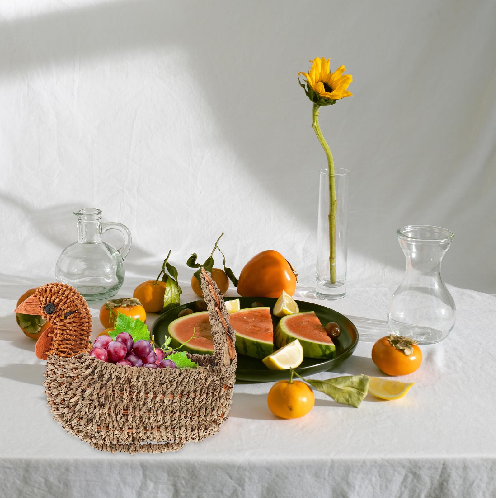 Handmade Woven Turkey-Shaped Wicker Storage Basket - Multifunctional Laundry Organizer for Fruits, Vegetables, Toys & Magazines (Light Grey) | Perfect for Home Decor, Kitchen Organization & Holiday Decorations