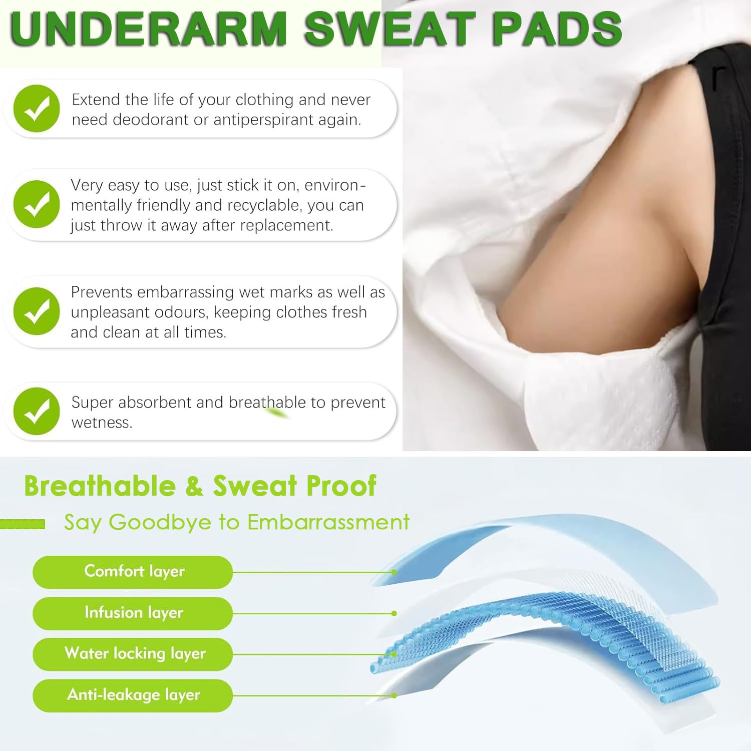 AKOAK 100 Pcs Disposable Underarm Sweat Pads for Women & Men - Invisible Adhesive Armpit Protection Pads for Excessive Sweating | Comfortable & Breathable | Perfect for Workouts, Business Meetings & Daily Wear